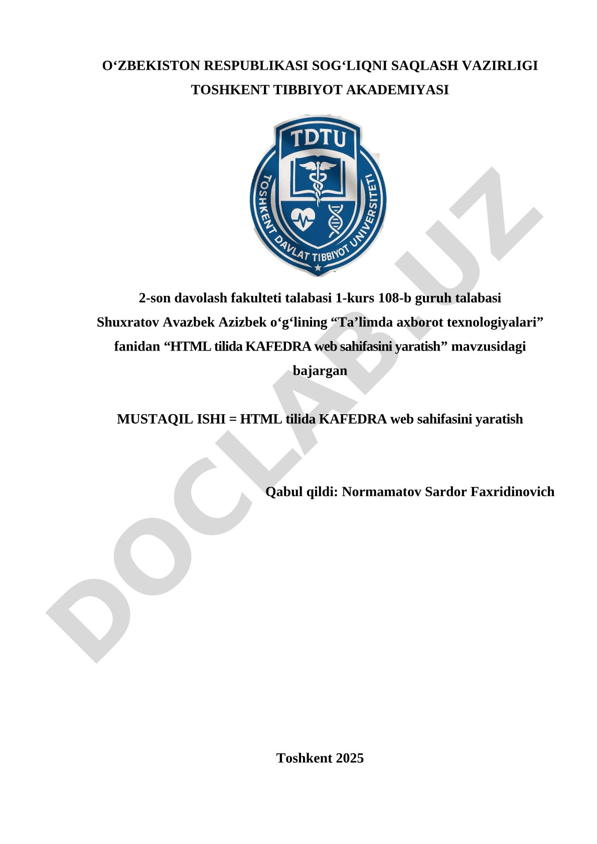 HTML tilida KAFEDRA web sahifasini yaratish