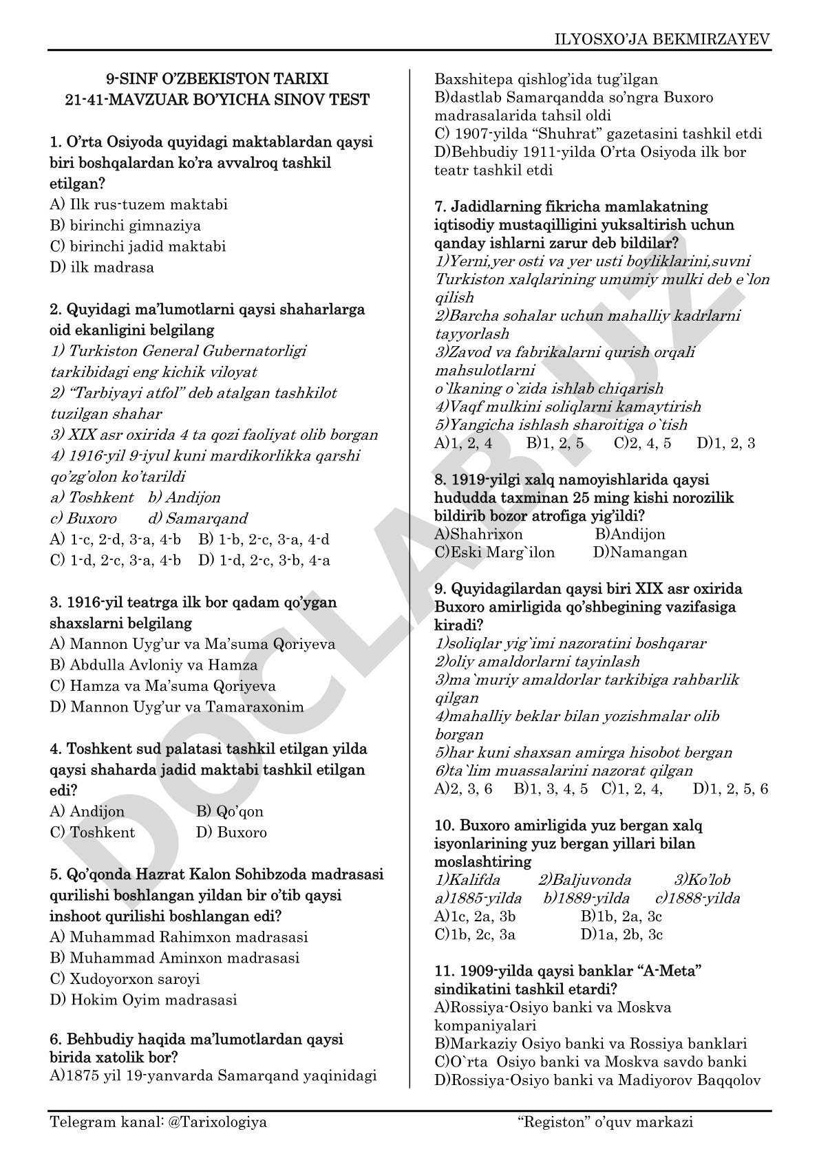 9-sinf O'zbekiston tarixi 21-41-mavzuar bo'yicha sinov test