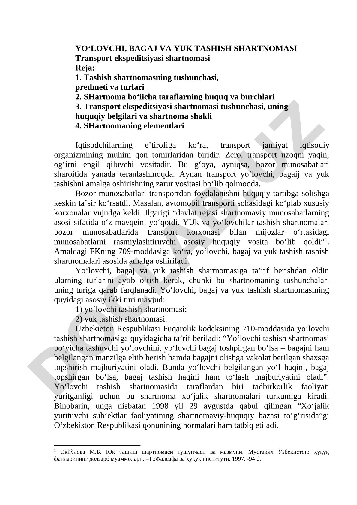 Yo‘lovchi, bagaj va yuk tashish hamda transport ekspeditsiyasi shartnomalari