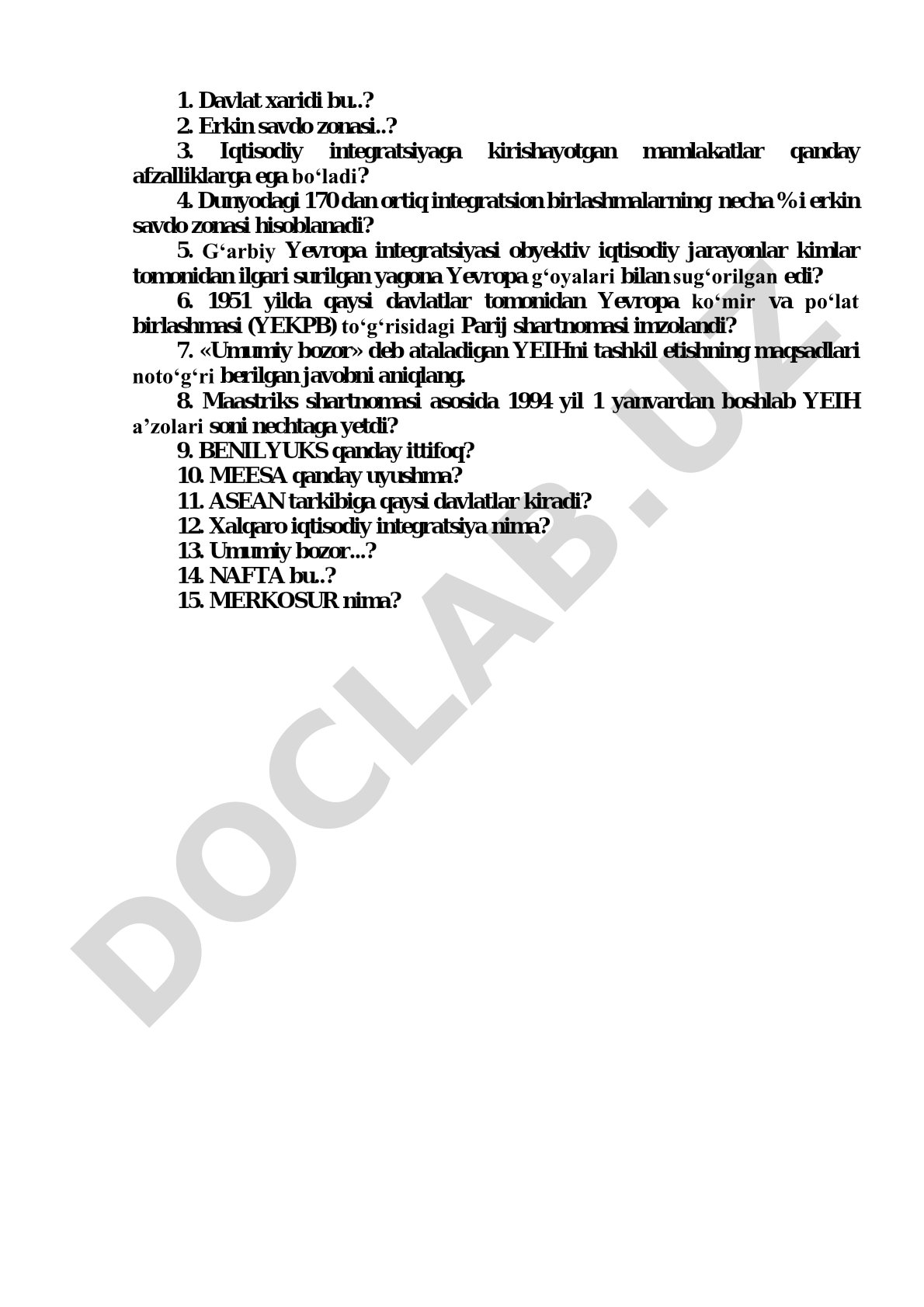 Xalqaro iqtisodiy integratsiya va erkin savdo zonalari