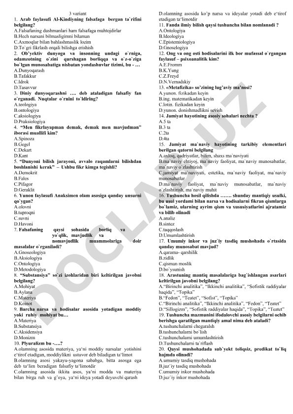 Falsafa faniga oid test savollari