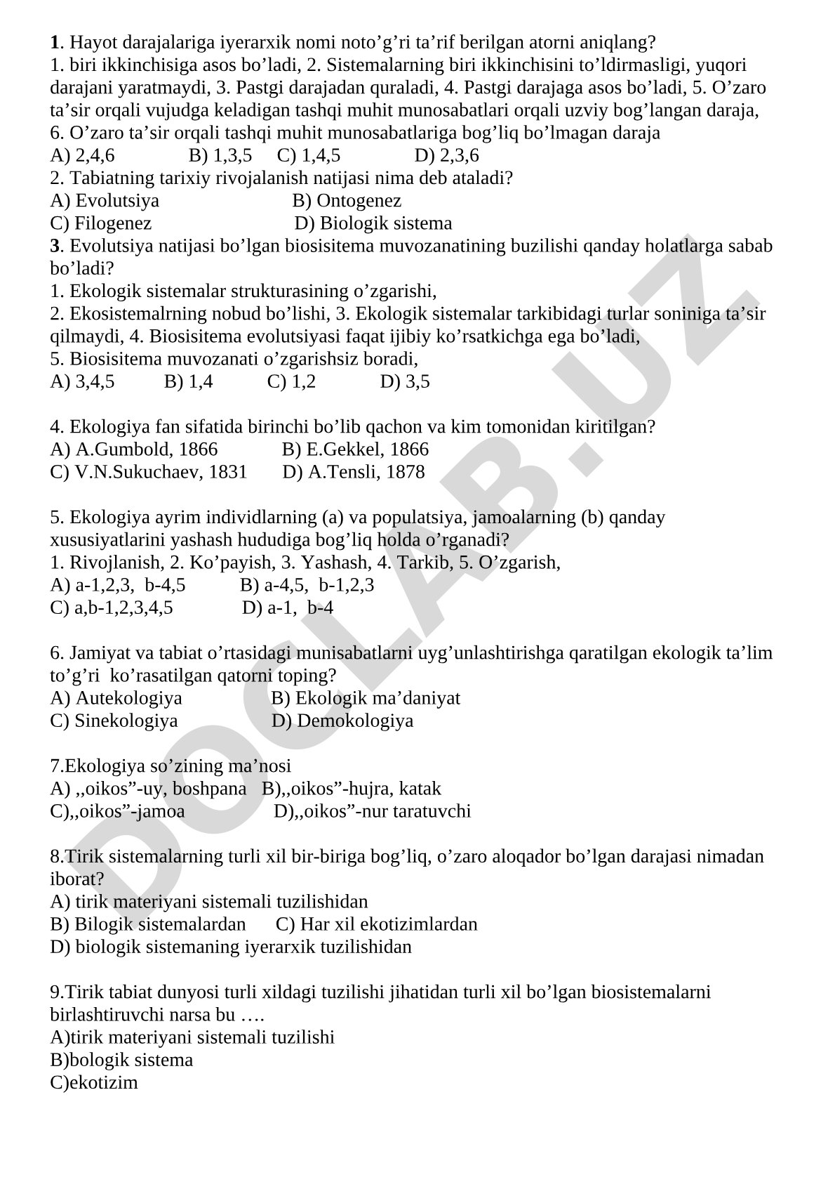 Ekologiya fanidan test savollari