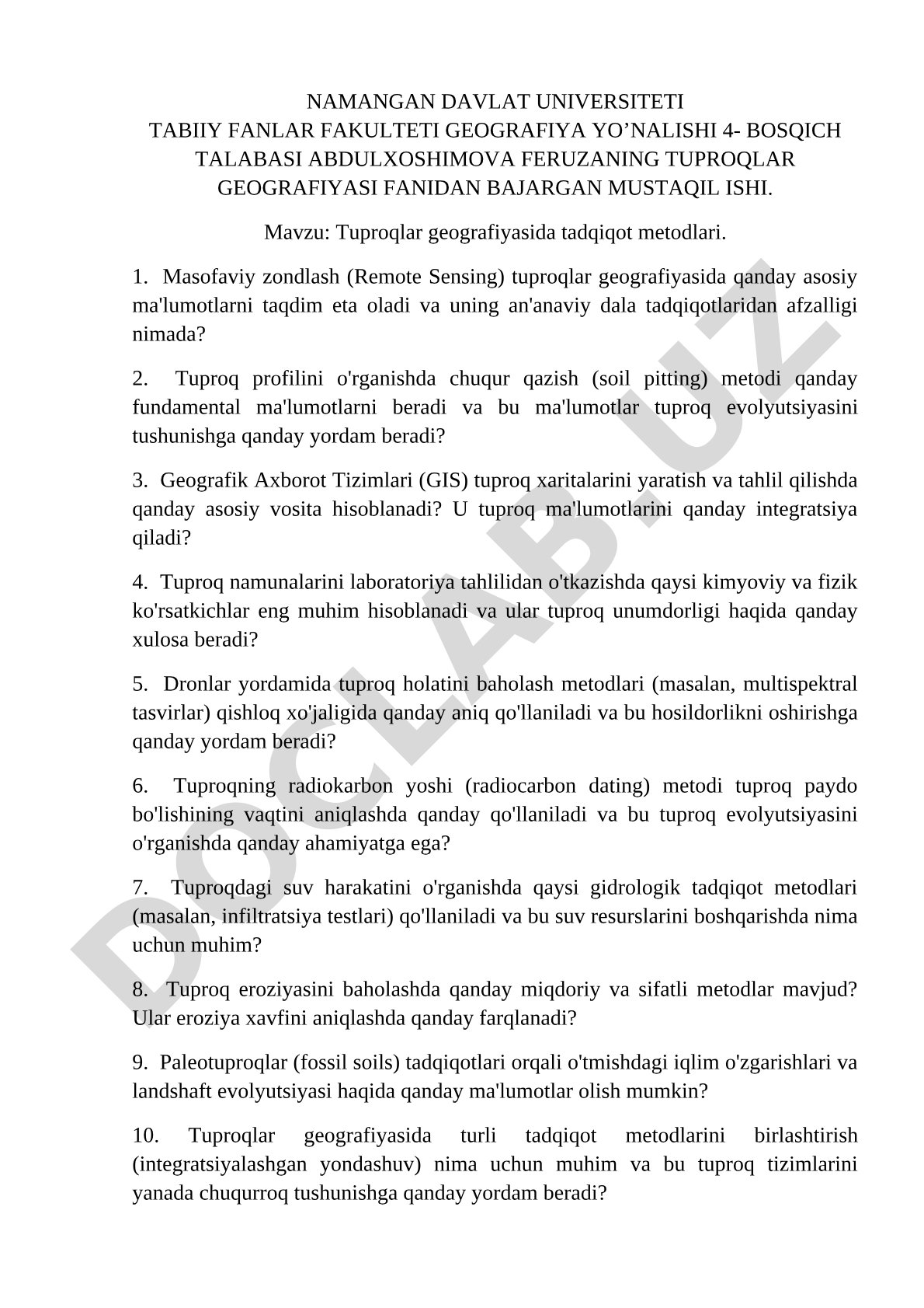 Tuproqlar geografiyasida tadqiqot metodlari