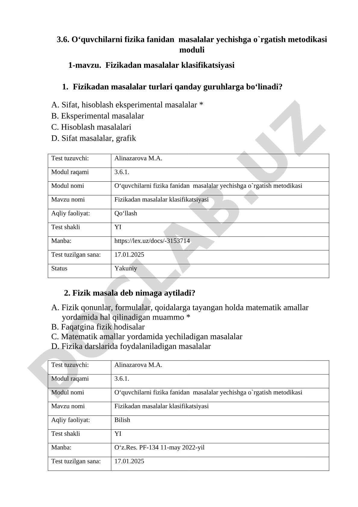 Fizikadan masalalar klasifikatsiyasi