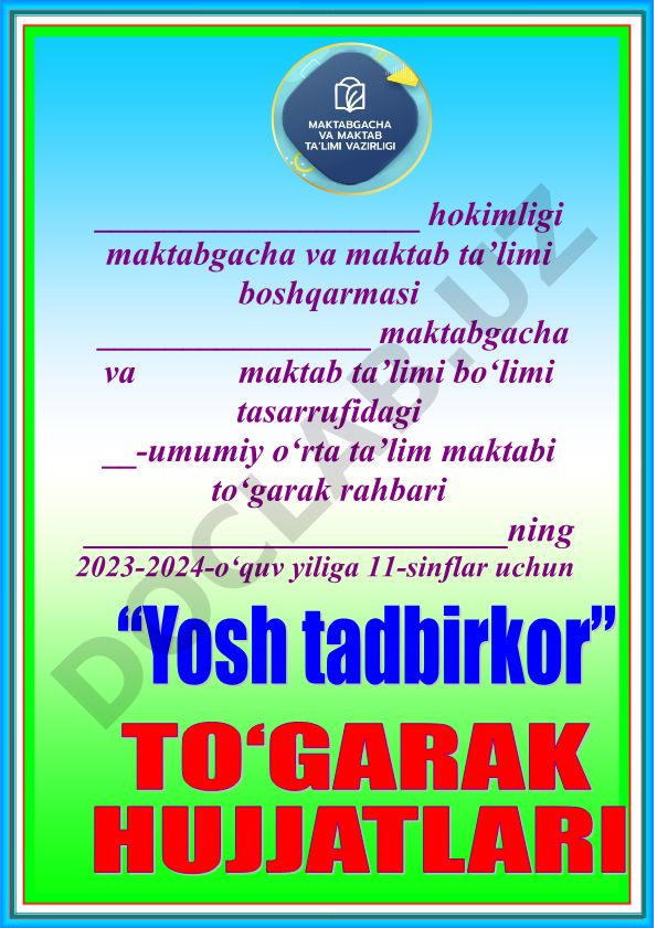 Yosh tadbirkor to'garagi ish rejasi va a'zolar ma'lumoti