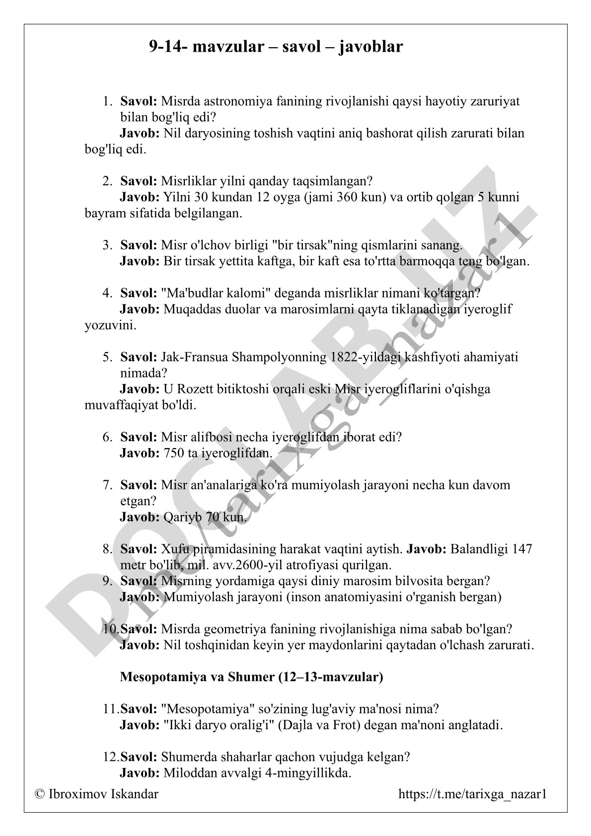 Qadimgi Misr tarixi va madaniyati bo'yicha savol-javoblar