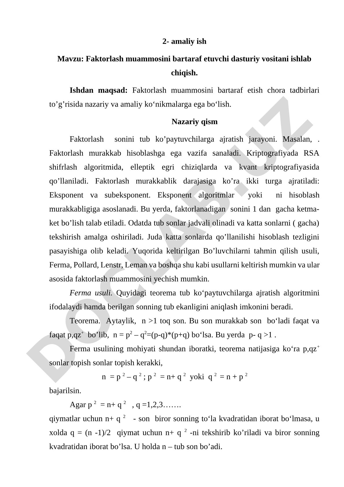 Faktorlash muammosini bartaraf etuvchi dasturiy vositani ishlab chiqish