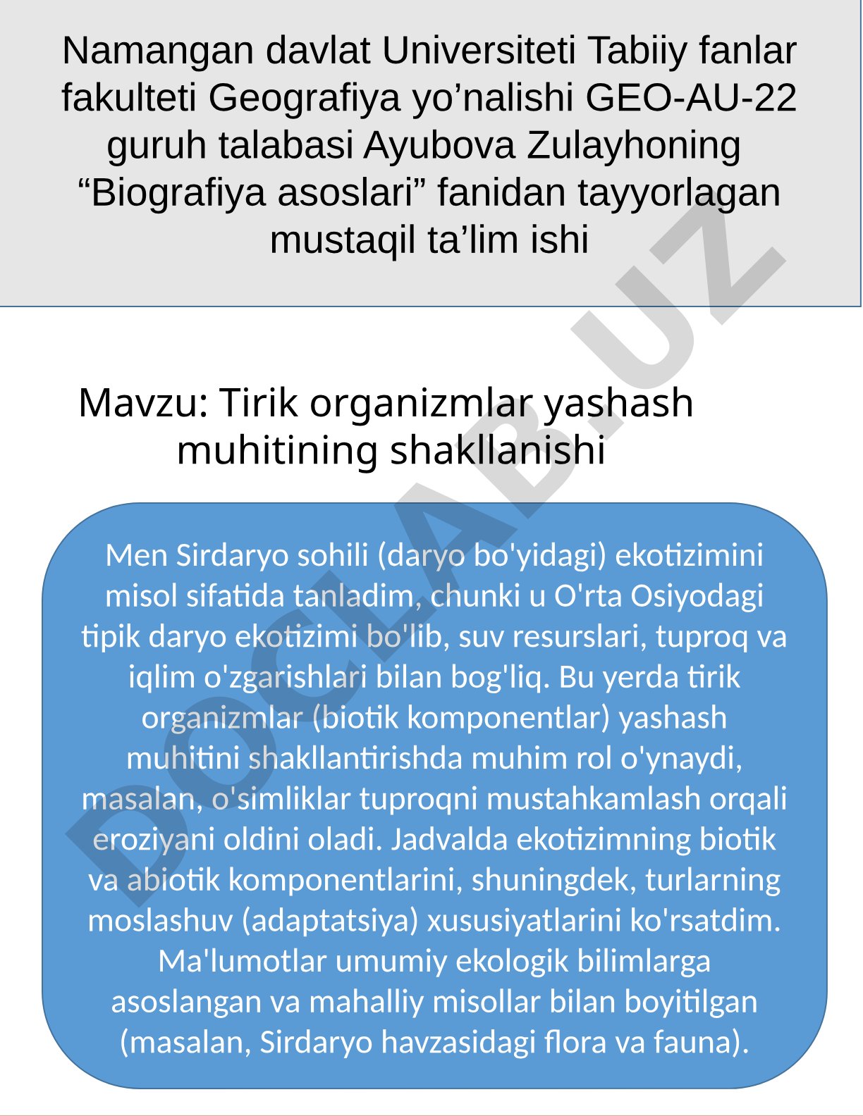 Tirik organizmlar yashash muhitining shakllanishi