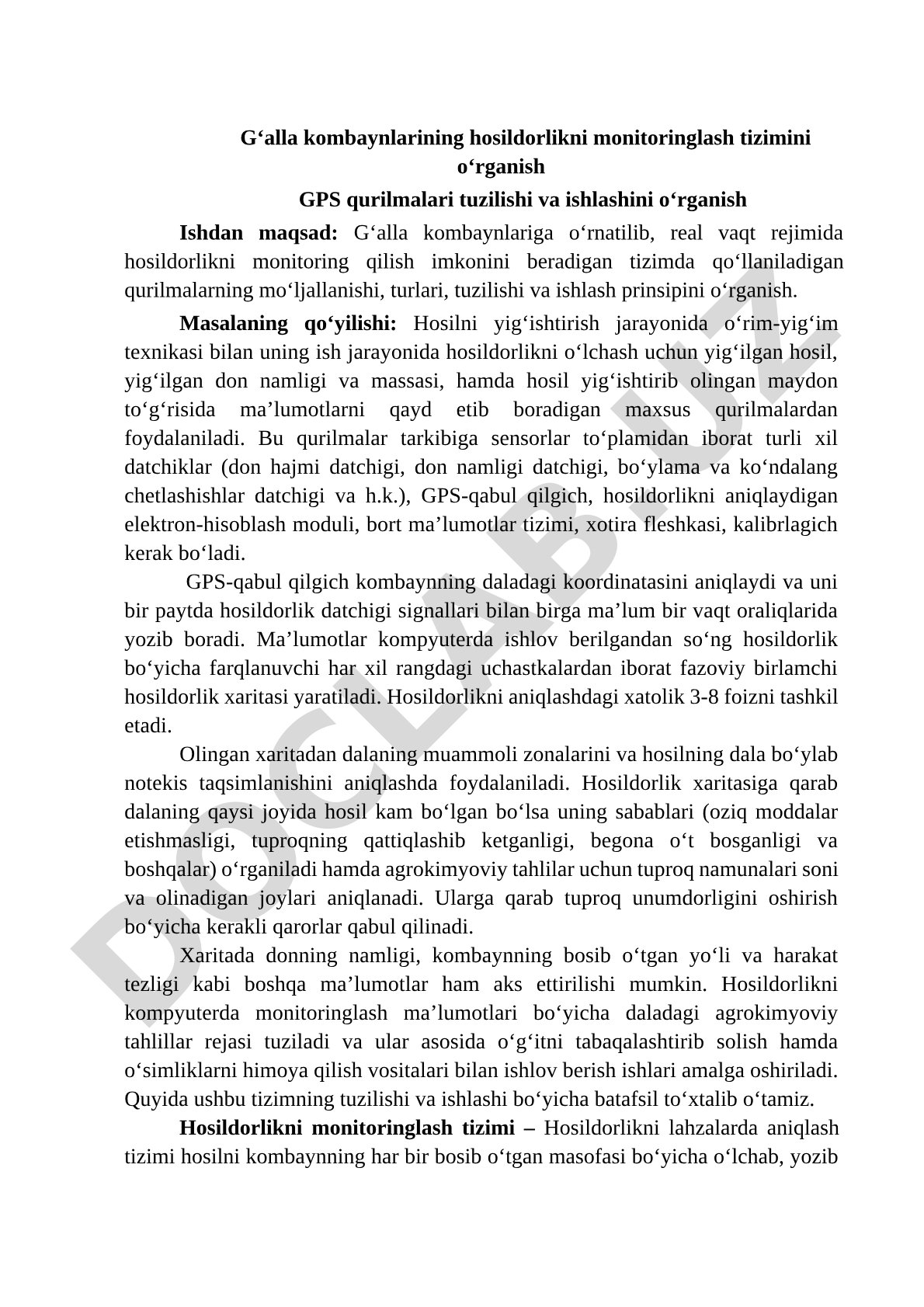 G‘alla kombaynlarining hosildorlikni monitoringlash tizimini o‘rganish