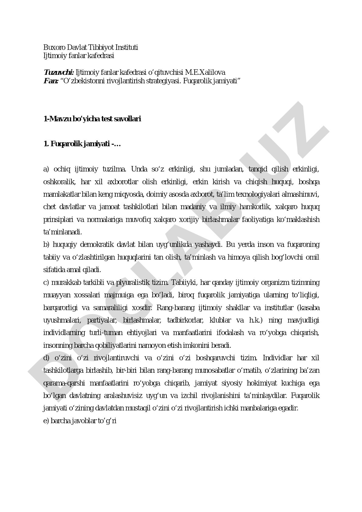 O'zbekistonni rivojlantirish strategiyasi. Fuqarolik jamiyati 1-Mavzu bo'yicha test savollari