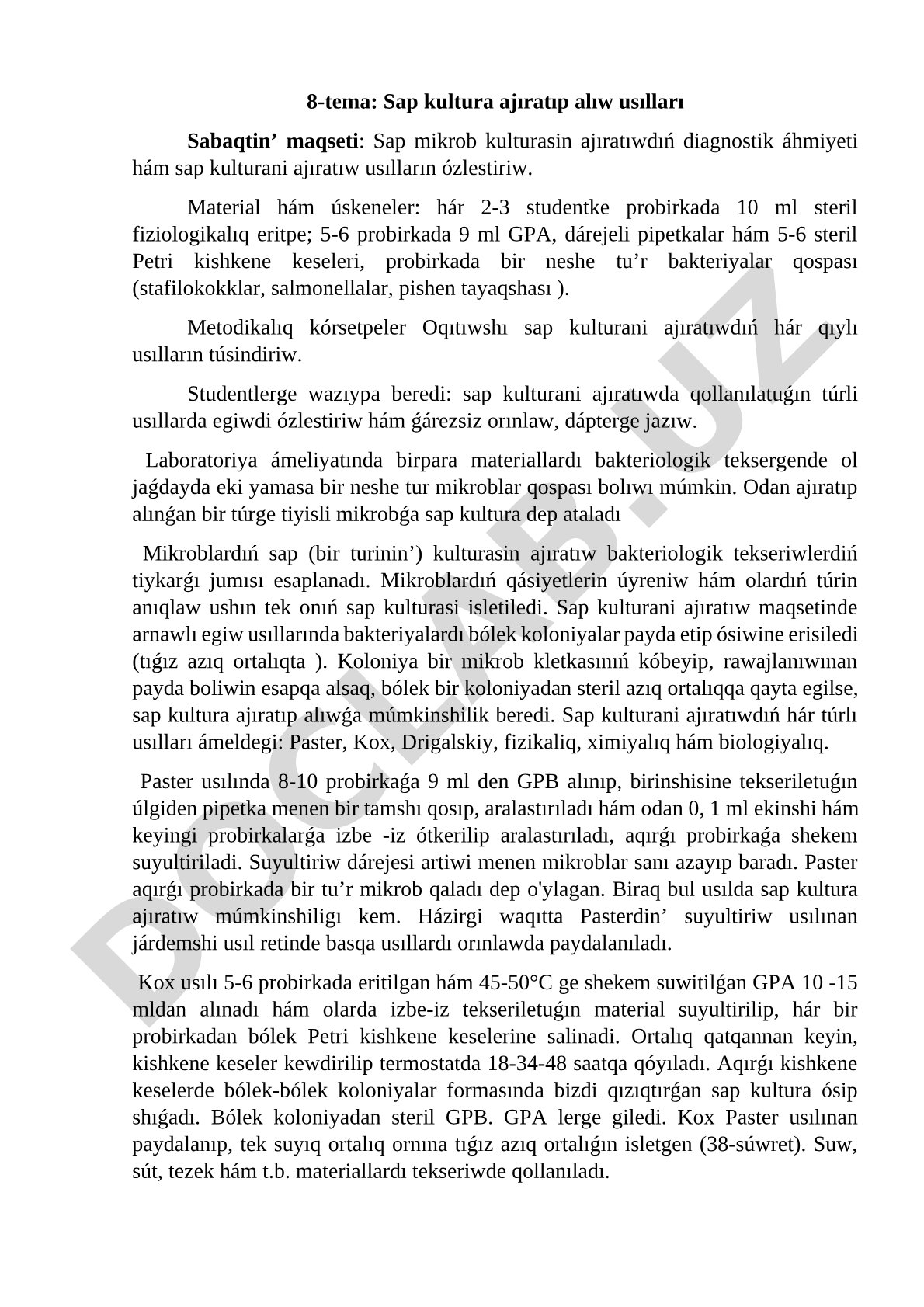Sap kultura ajıratıp alıw usılları