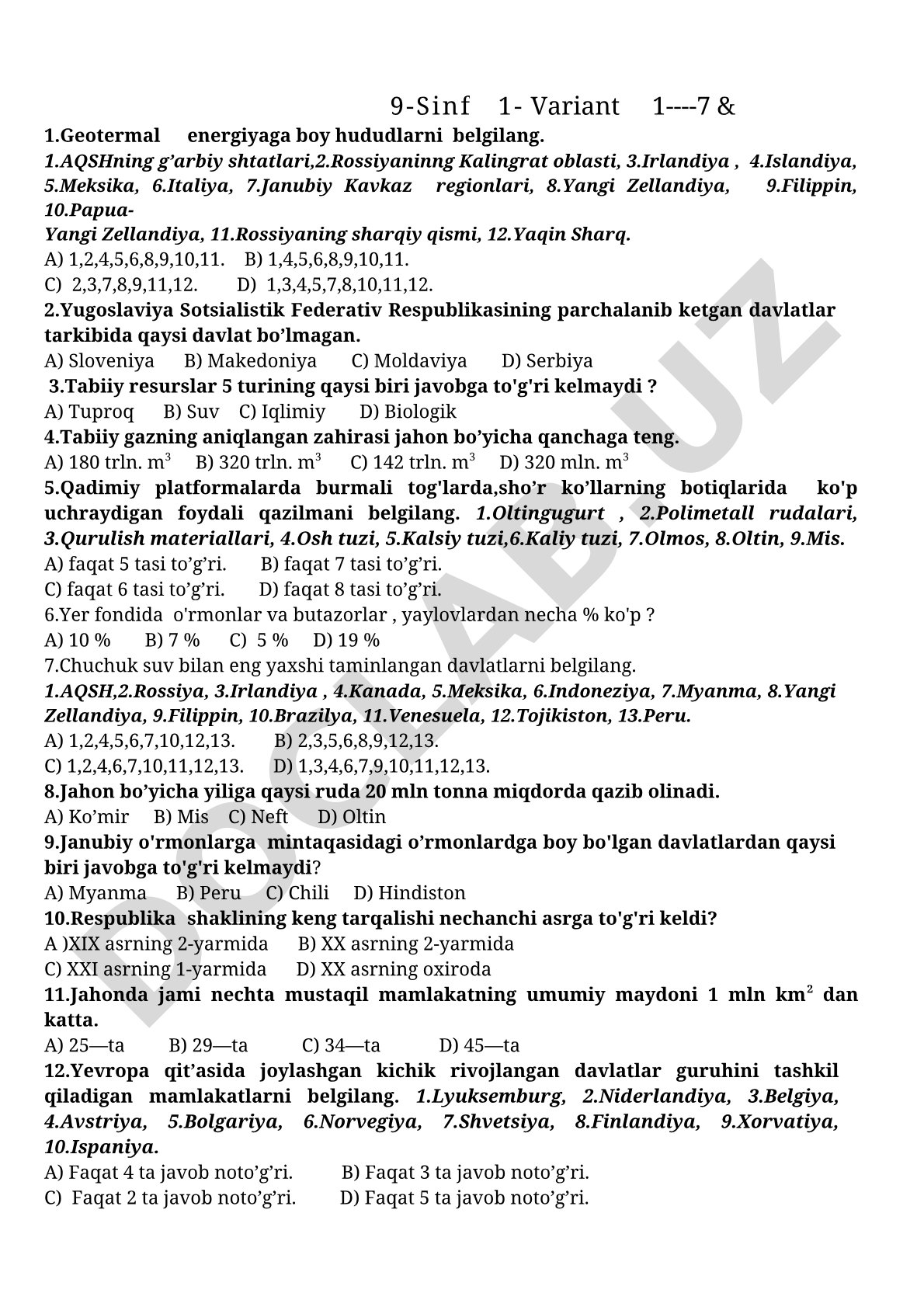 9-sinf geografiya testi 1-variant