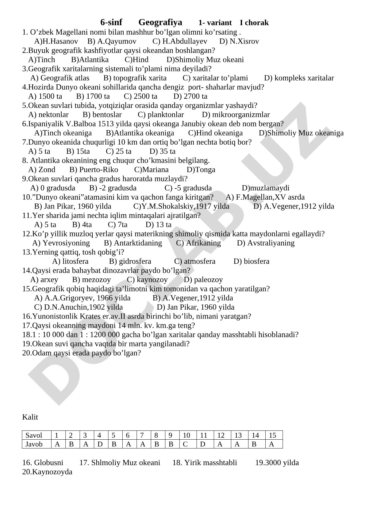 6-sinf Geografiya 1- variant I chorak