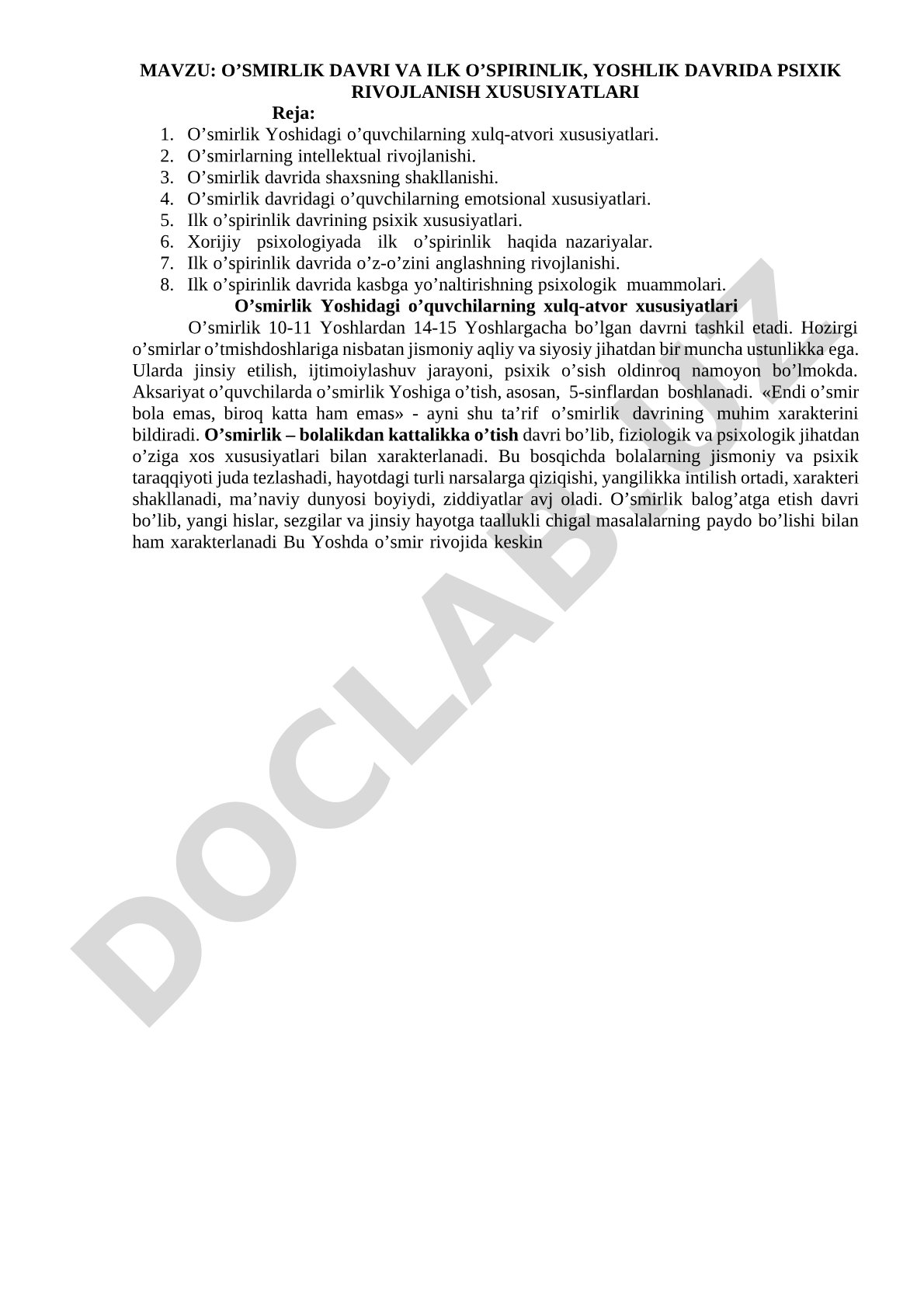 O'smirlik davri va ilk o'spirinlik, yoshlik davrida psixik rivojlanish xususiyatlari