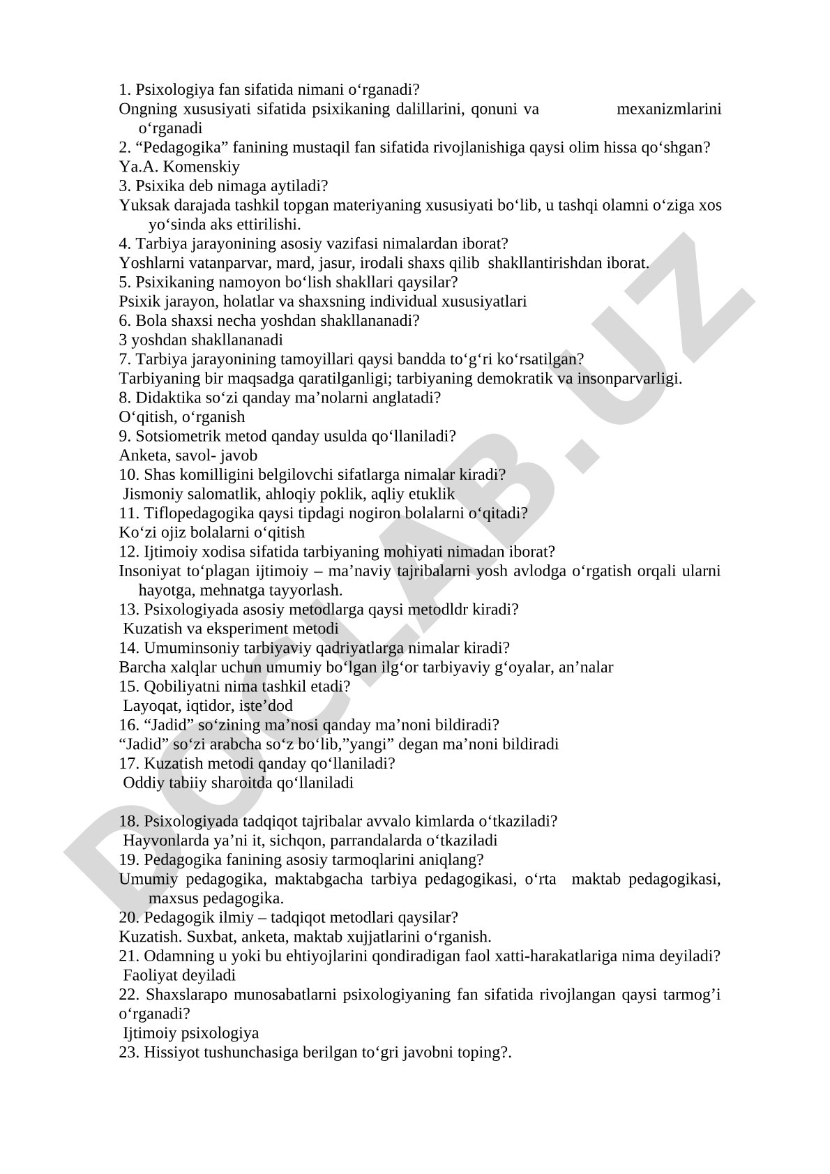 Psixologiya va pedagogika fanlariga oid savol-javoblar