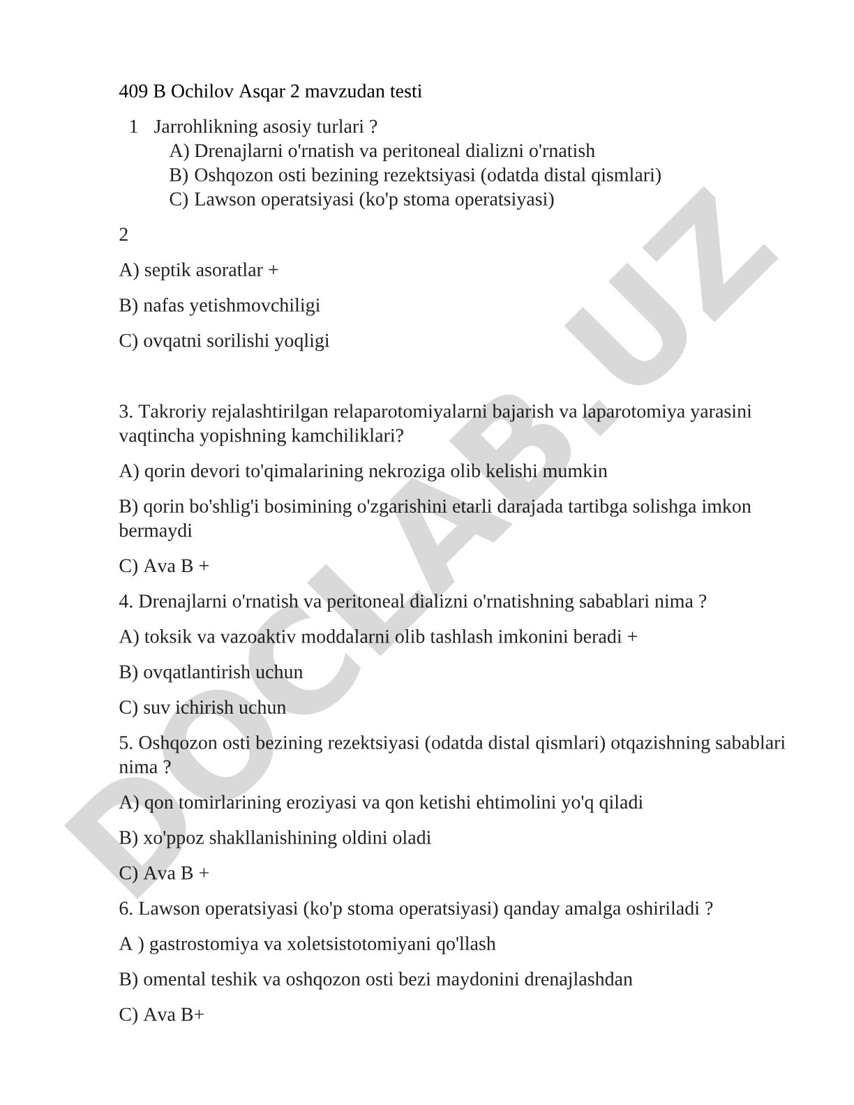 Jarrohlikning asosiy turlari testi