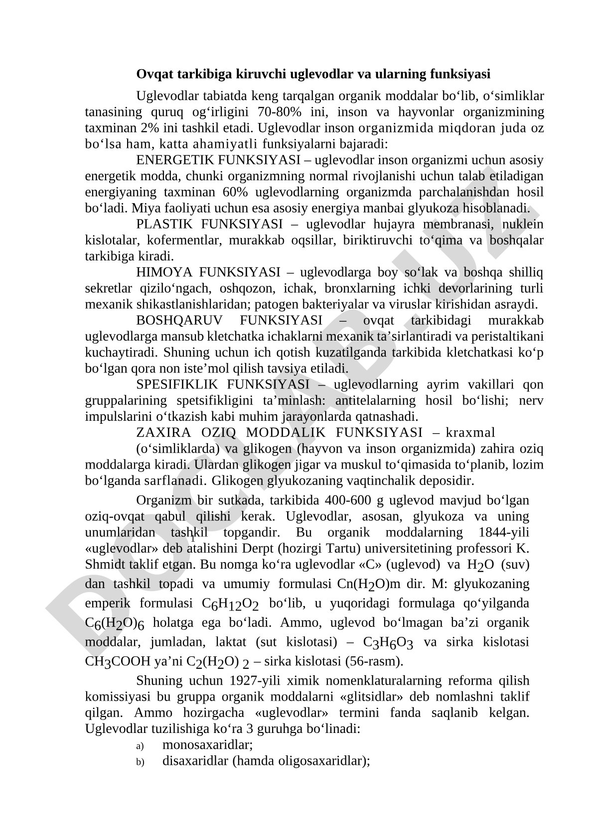 Ovqat tarkibiga kiruvchi uglevodlar va ularning funksiyasi