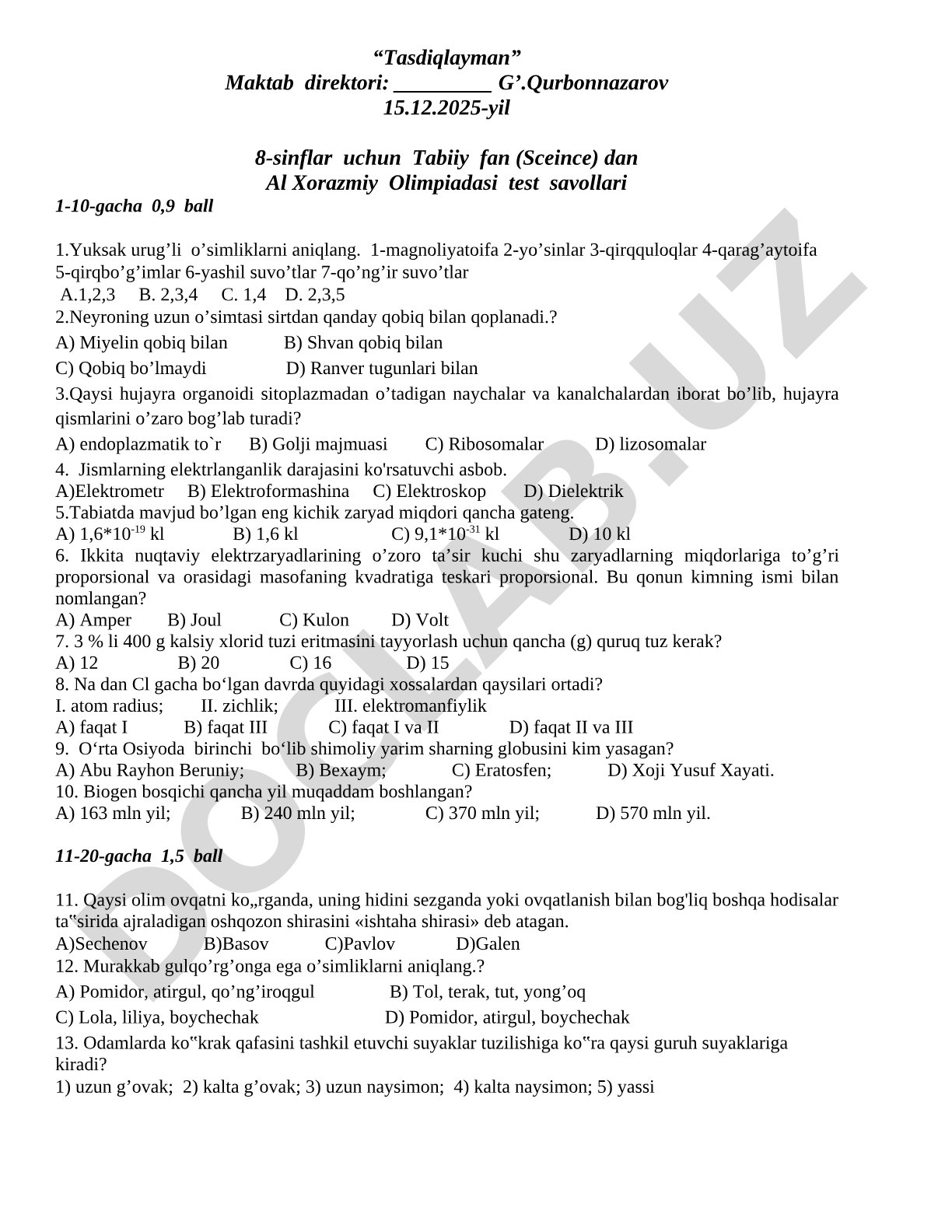 8-sinf Tabiiy fan Al Xorazmiy olimpiadasi test savollari