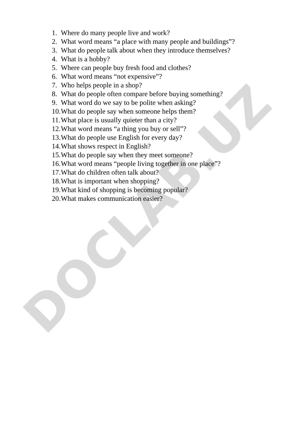 Everyday English vocabulary questions on city, shopping, and polite phrases
