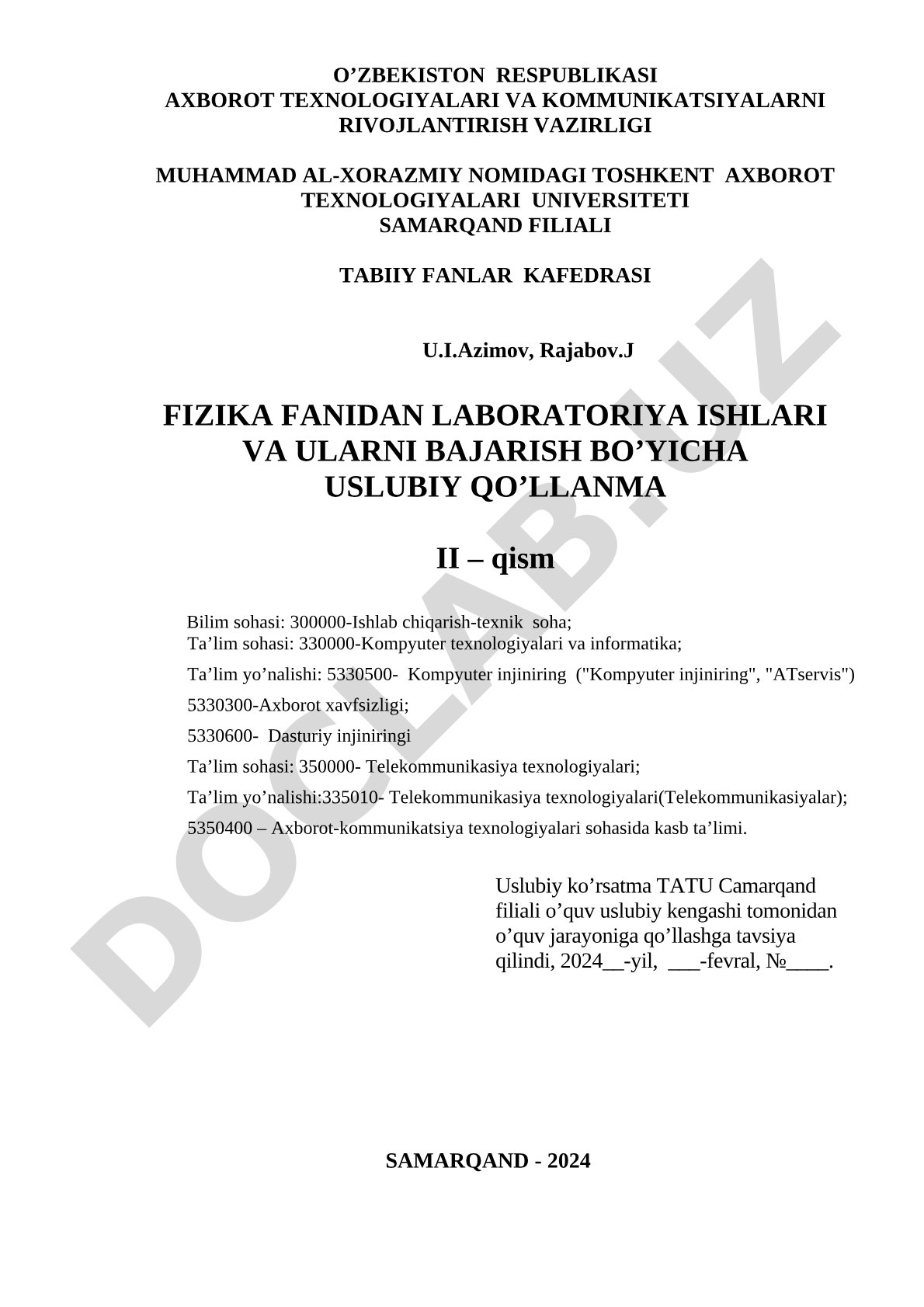 Fizika fanidan laboratoriya ishlari va ularni bajarish bo'yicha uslubiy qo'llanma II – qism