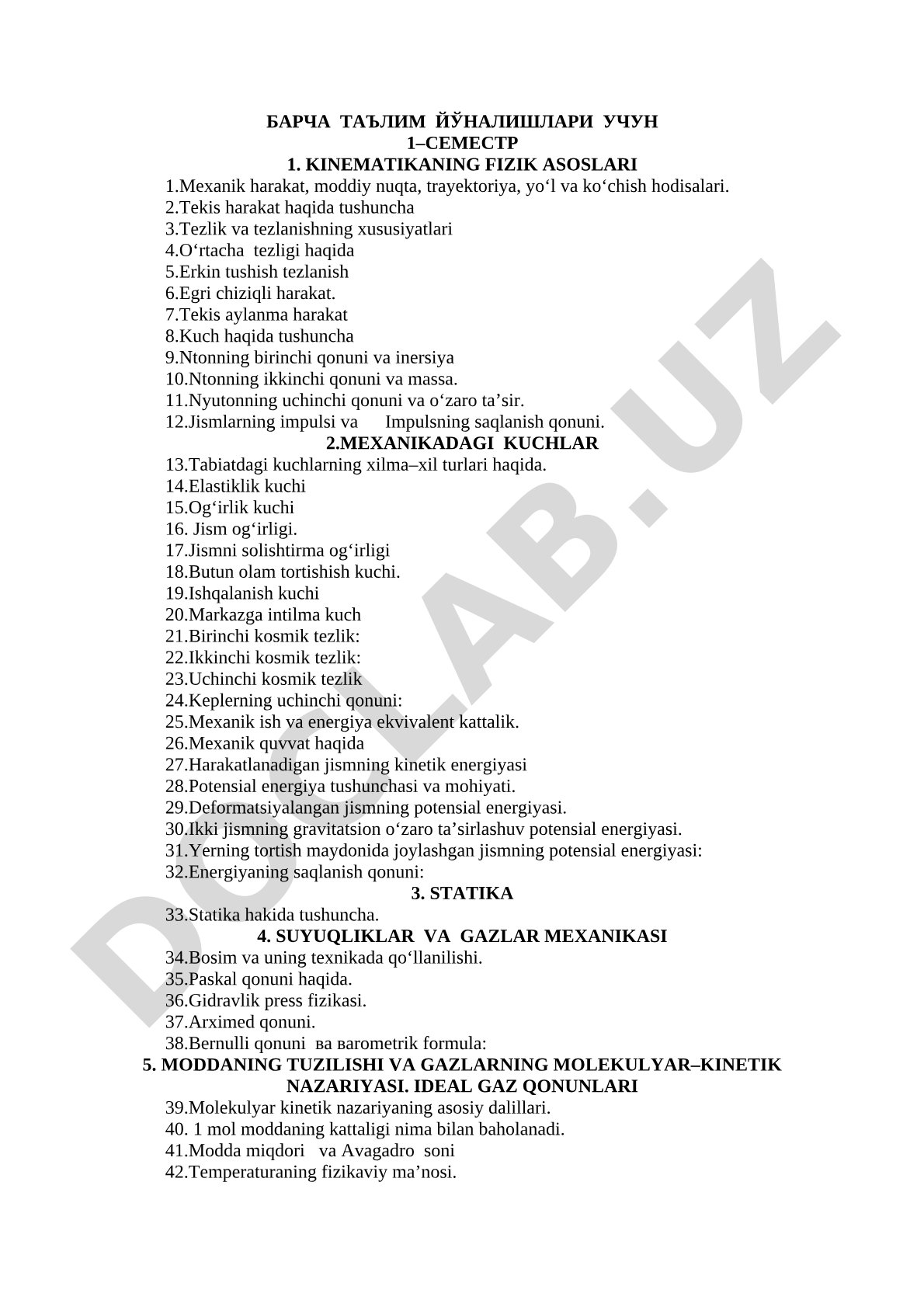 Fizika fani 1-semestr mexanika mavzulari
