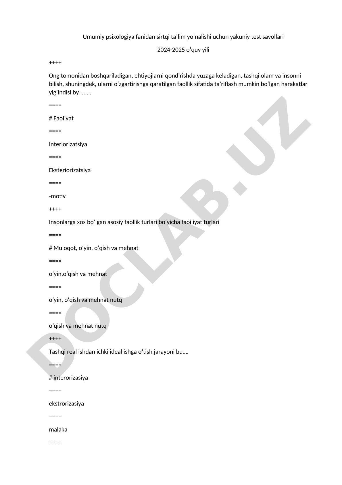 Umumiy psixologiya fanidan sirtqi ta’lim yakuniy test savollari