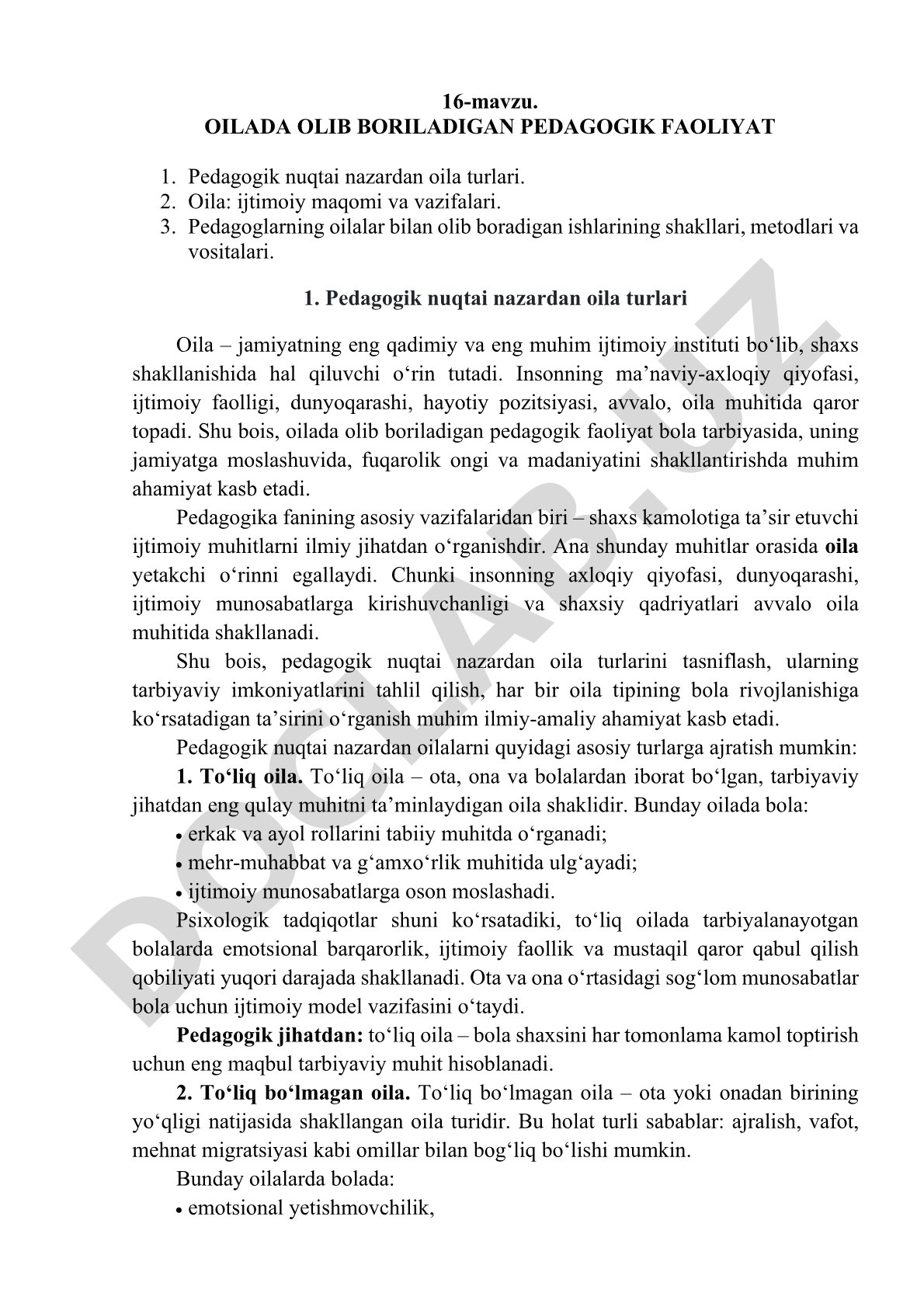 Oilada olib boriladigan pedagogik faoliyat