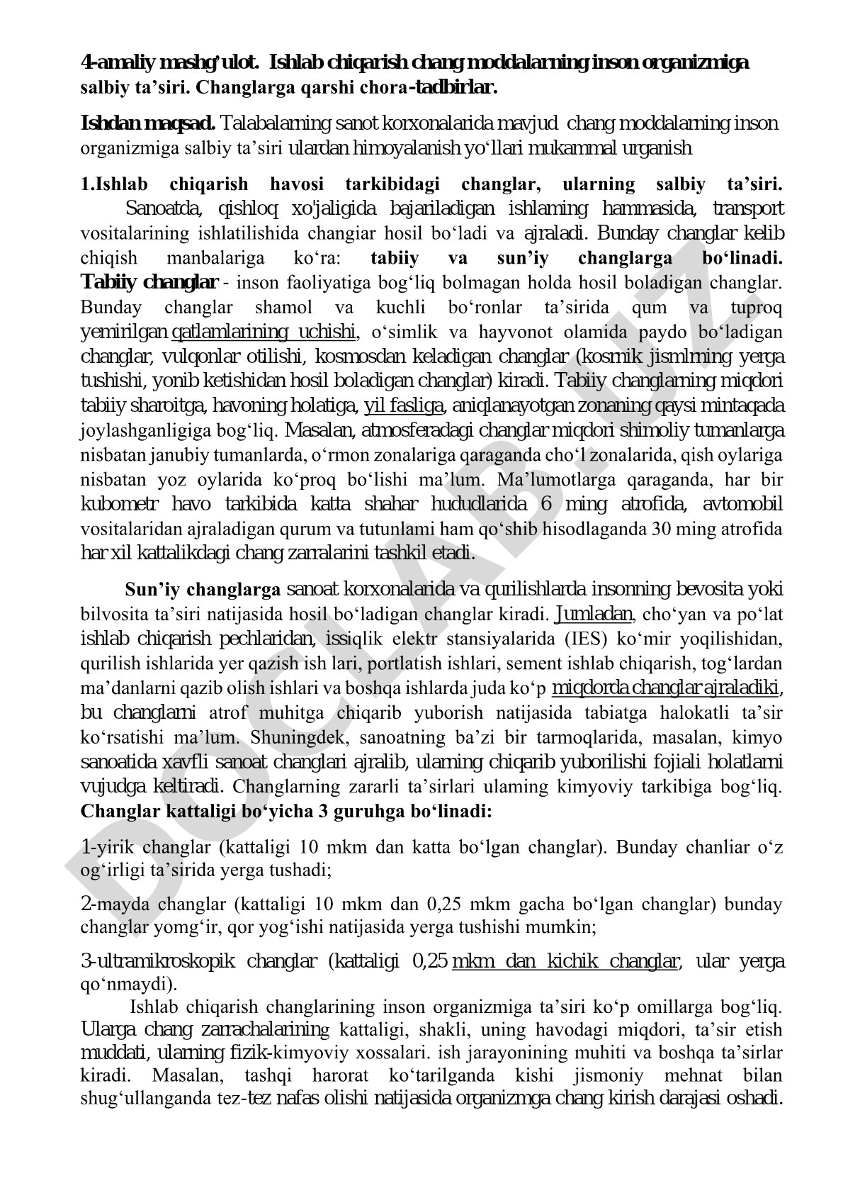 Ishlab chiqarish chang moddalarning inson organizmiga salbiy ta'siri va changlarga qarshi chora-tadbirlar