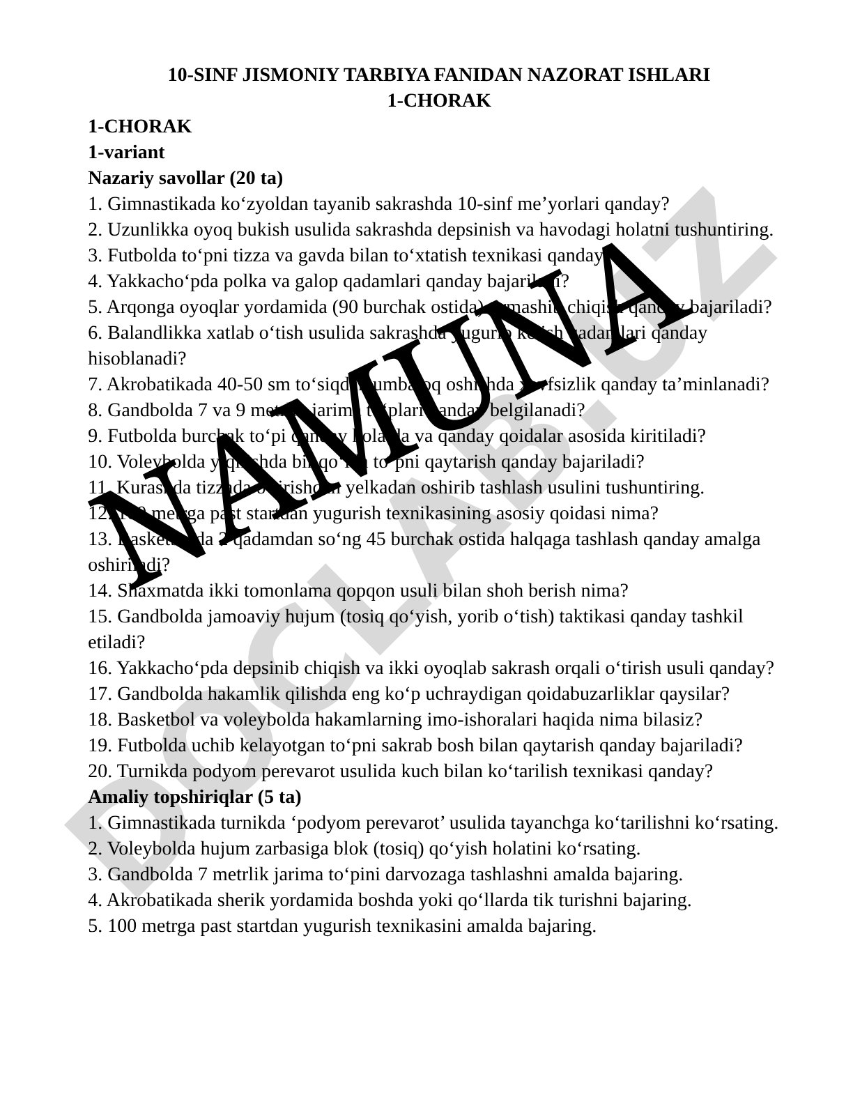 10-sinf jismoniy tarbiya fanidan nazorat ishlari 1-chorak 1-variant