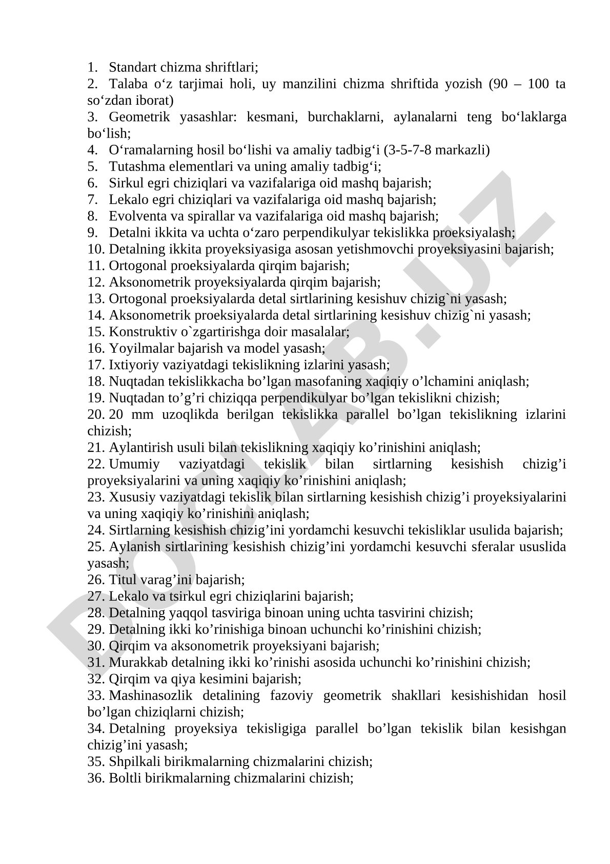 Chizma geometriya va muhandislik grafikasi fanidan mashqlar