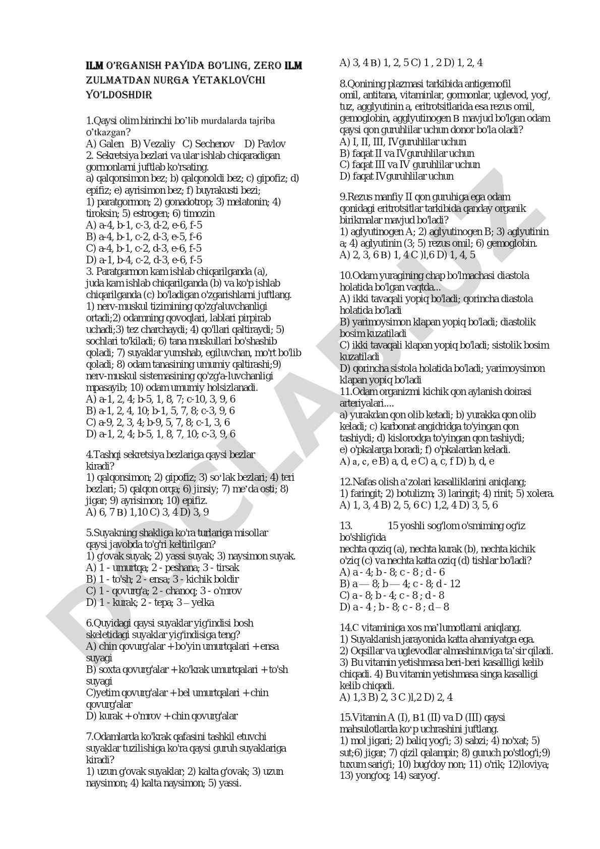 Fiziologiya test savollari