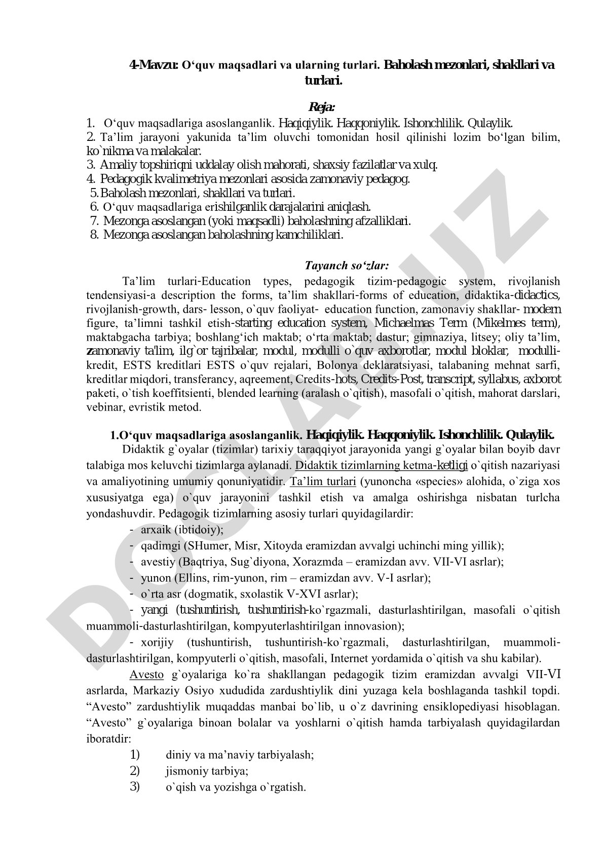 O‘quv maqsadlari va ularning turlari. Baholash mezonlari, shakllari va turlari.