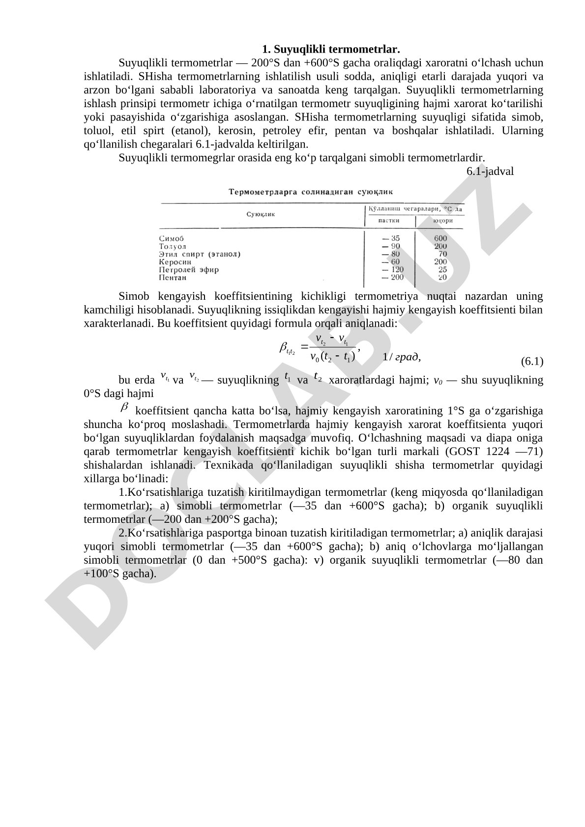Suyuqlikli termometrlarning turlari, ishlash prinsipi va qo'llanilish sohalari yoritilgan