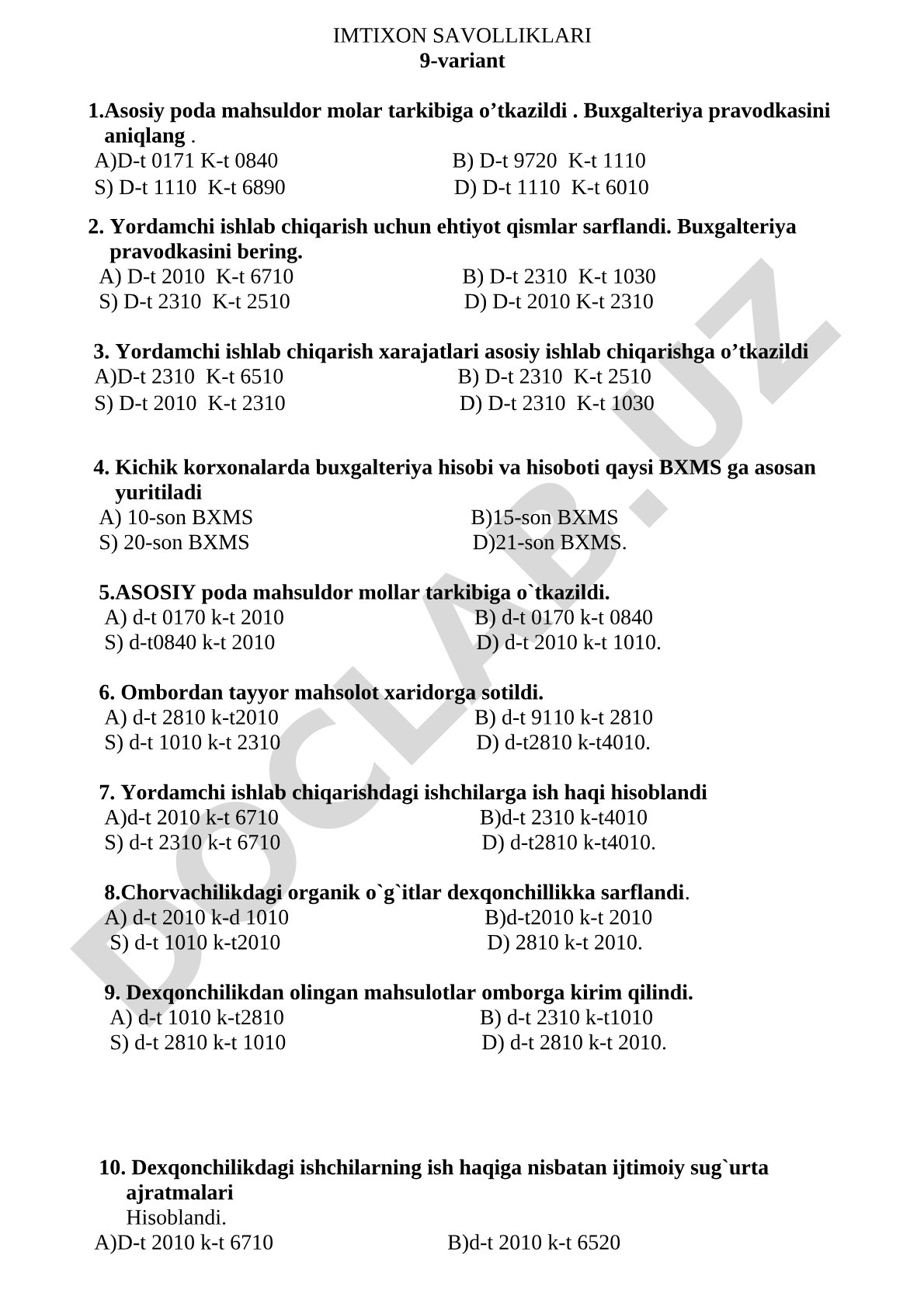 Buxgalteriya hisobi imtixon savollari (9-variant)