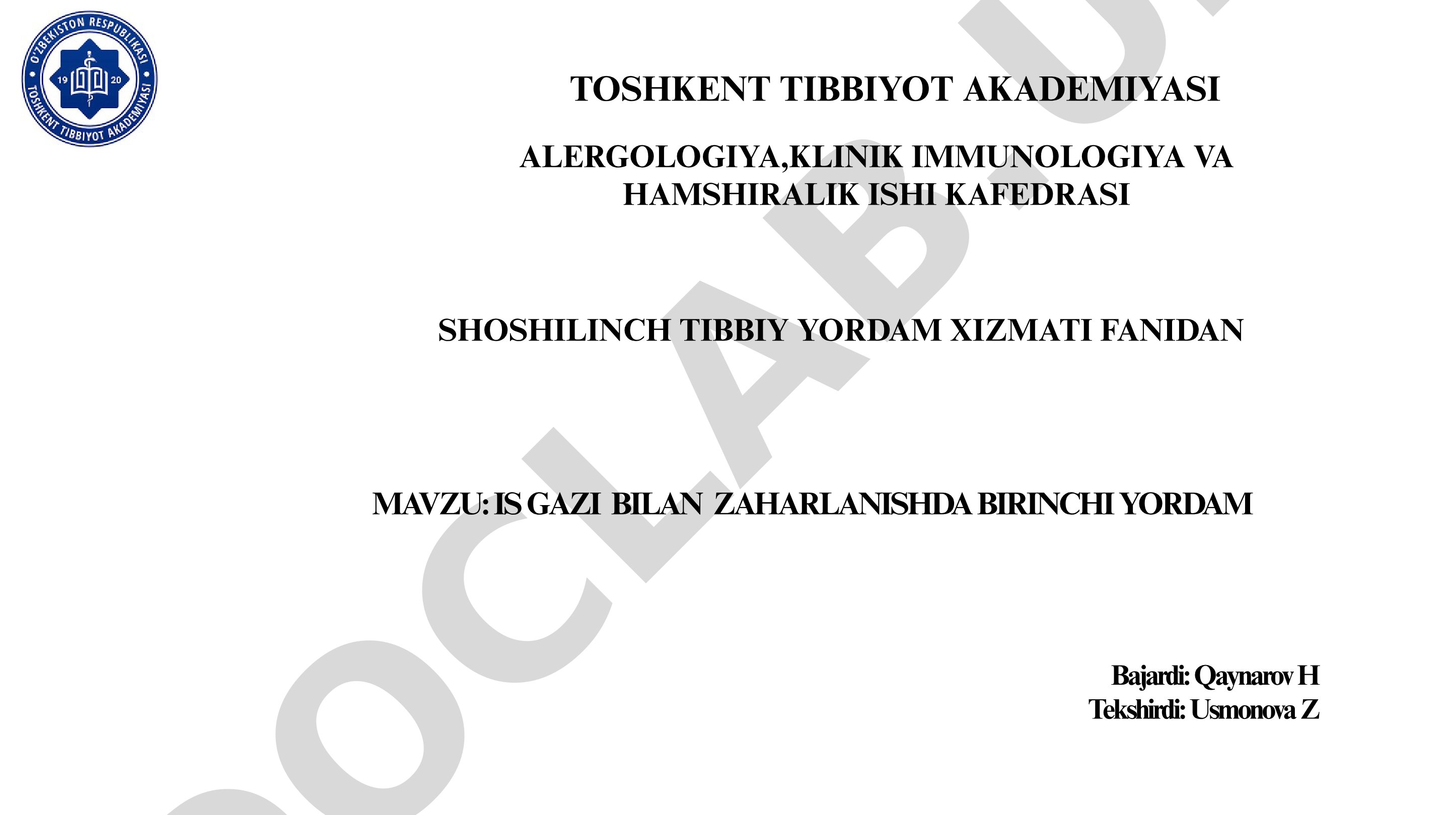 Is gazi bilan zaharlanishda birinchi yordam