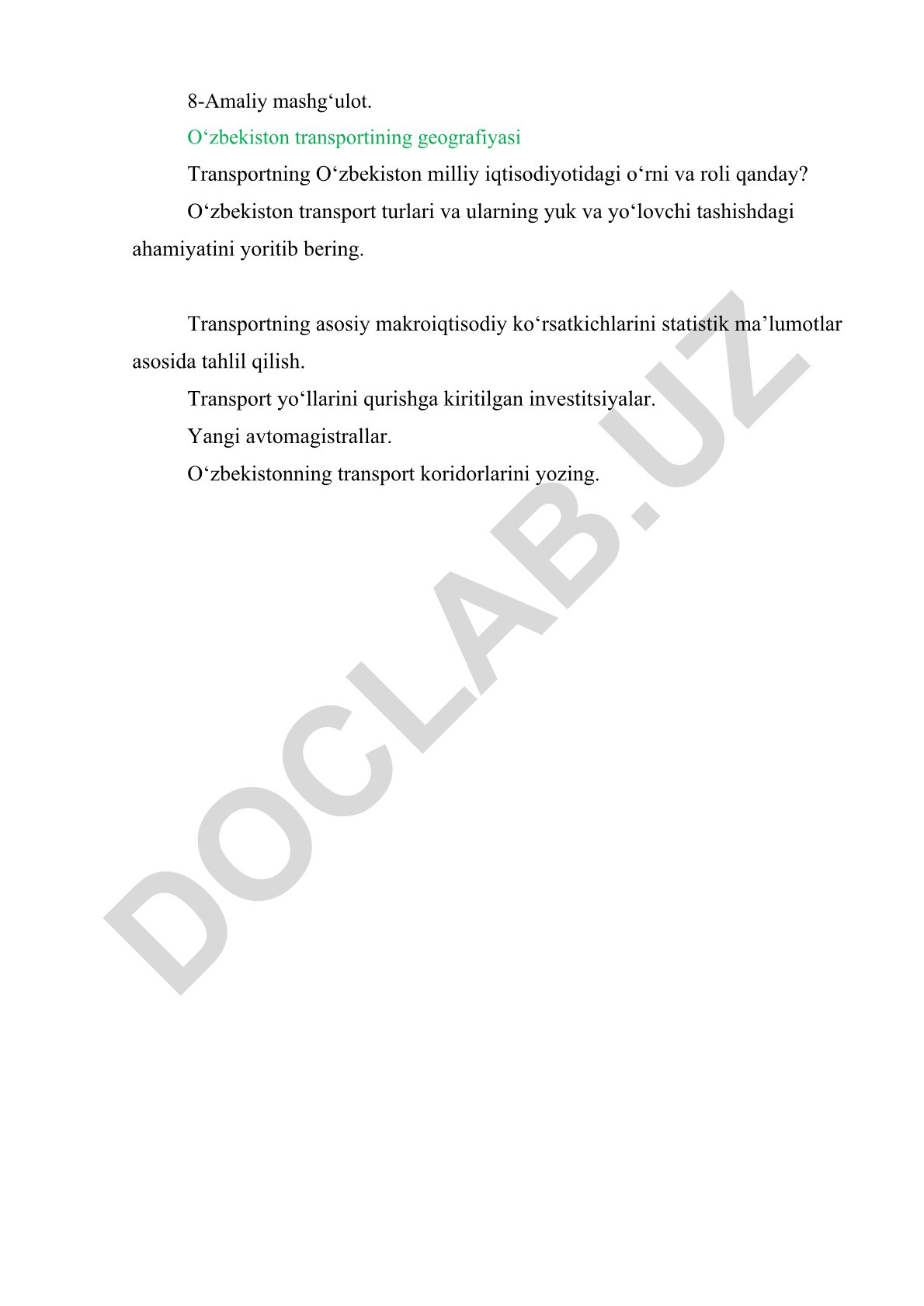 O‘zbekiston transportining geografiyasi va iqtisodiyotdagi o‘rni