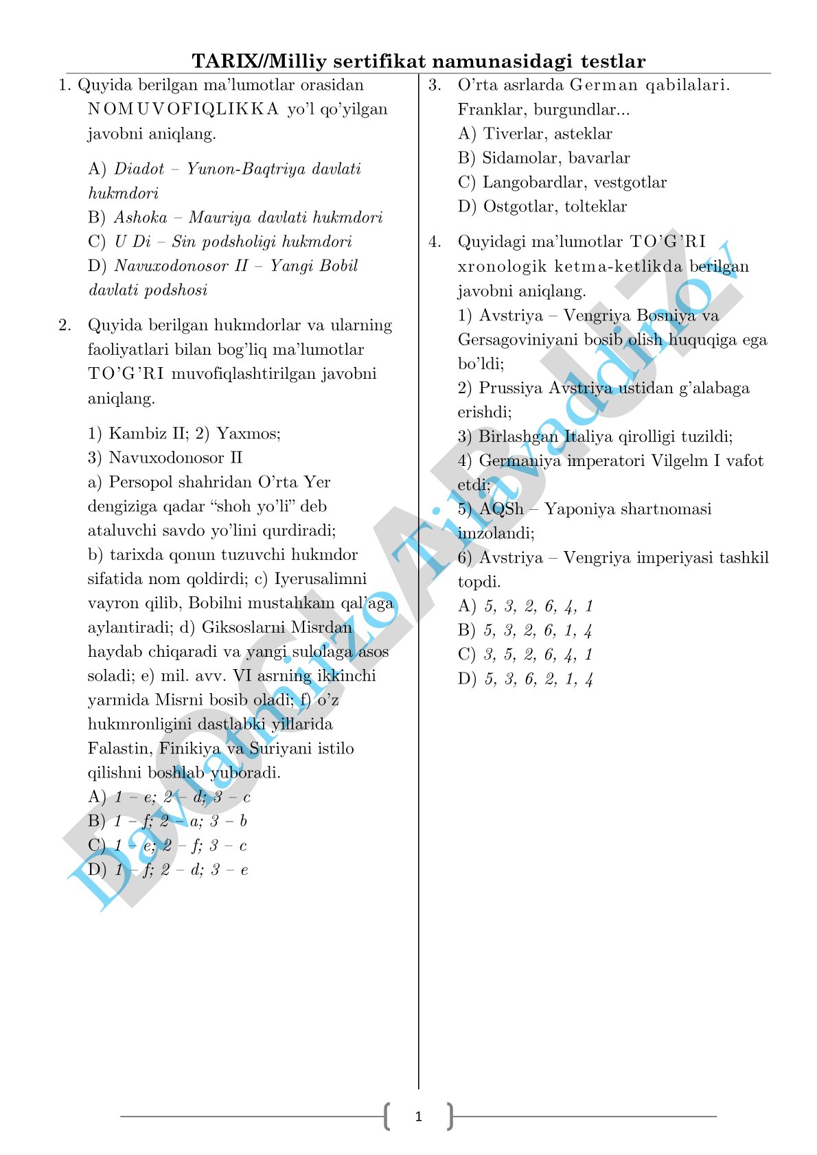 Milliy sertifikat namunasidagi tarix testlari