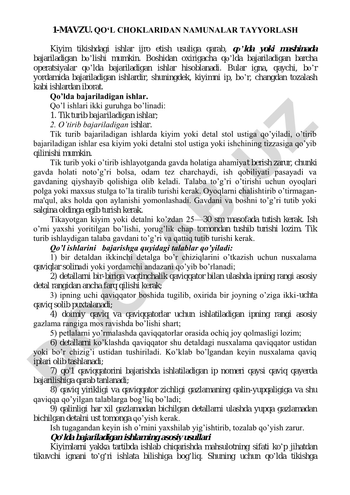 QO‘L CHOKLARIDAN NAMUNALAR TAYYORLASH Kiyim tikishdagi ishlar ijro etish usuliga qarab, qo’lda yoki