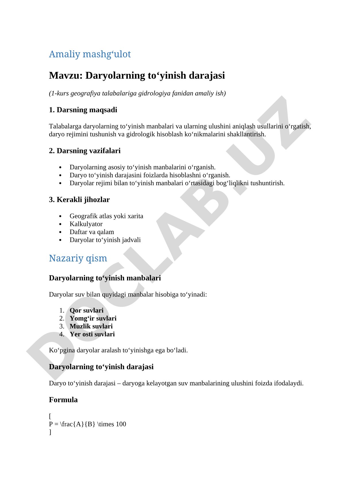 Daryolarning to‘yinish darajasi (1-kurs geografiya talabalariga gidrologiya fanidan amaliy ish)