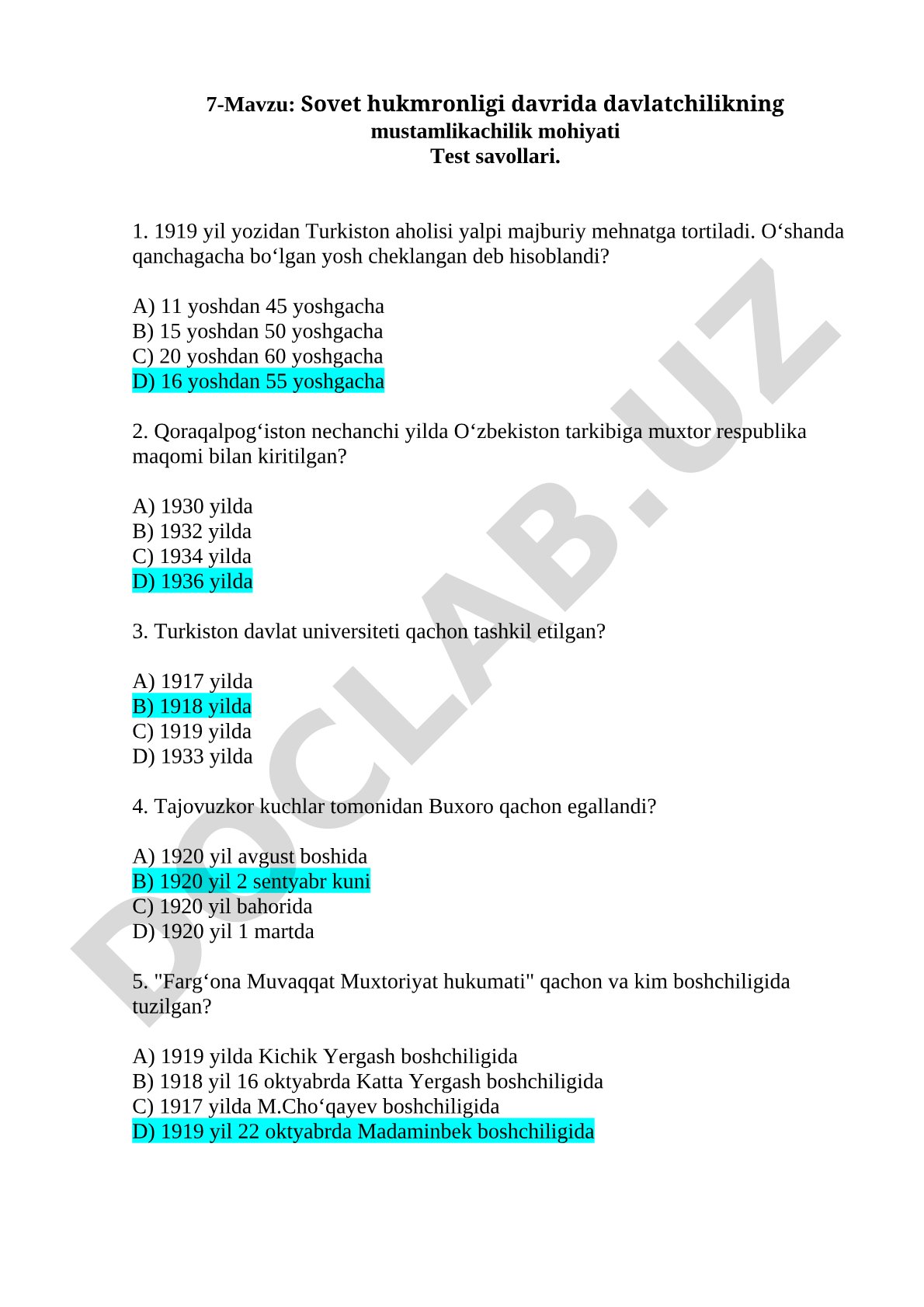 Sovet hukmronligi davrida davlatchilikning mustamlikachilik mohiyati Test savollari