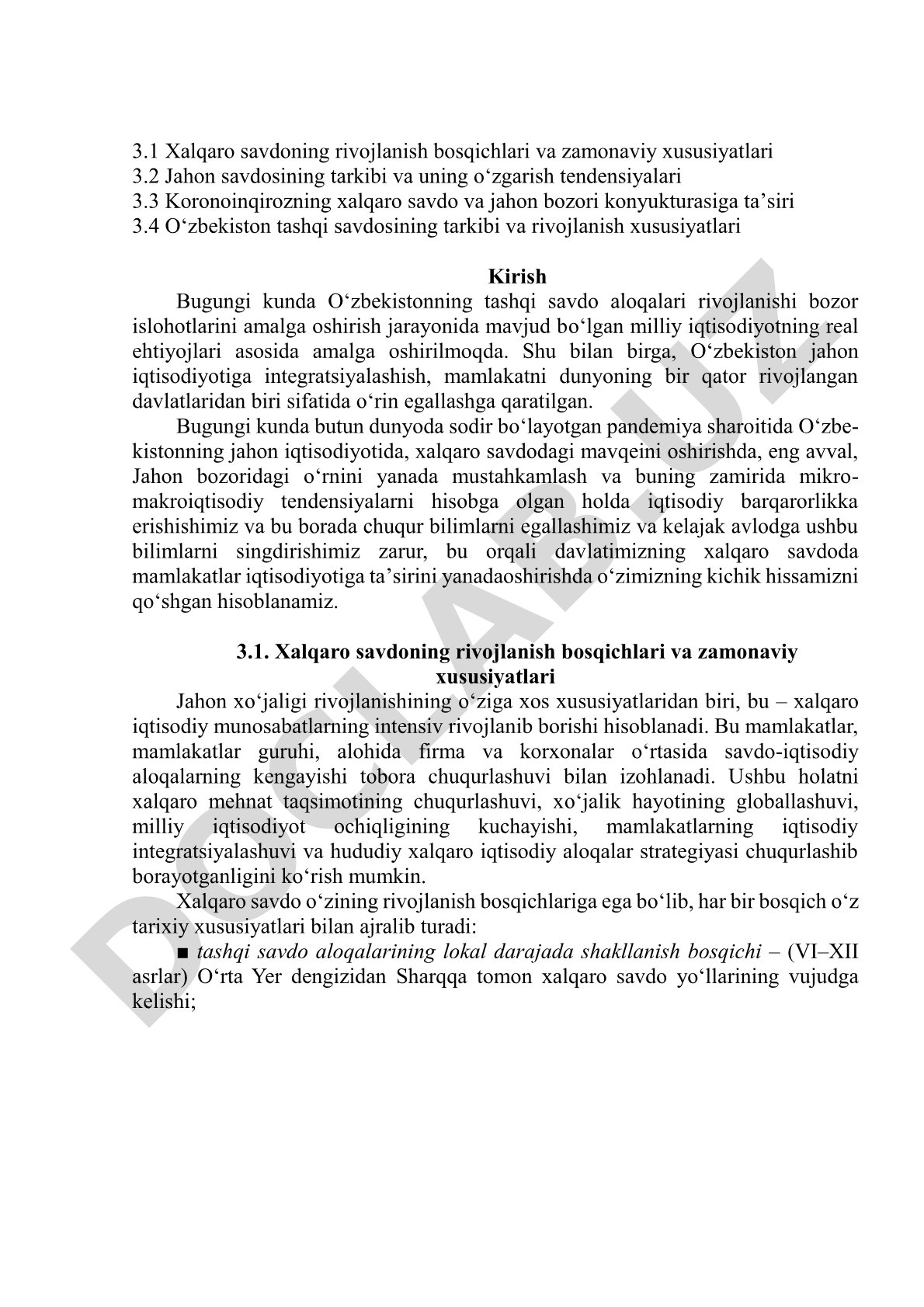 Xalqaro savdoning rivojlanish bosqichlari va O'zbekiston tashqi savdo xususiyatlari