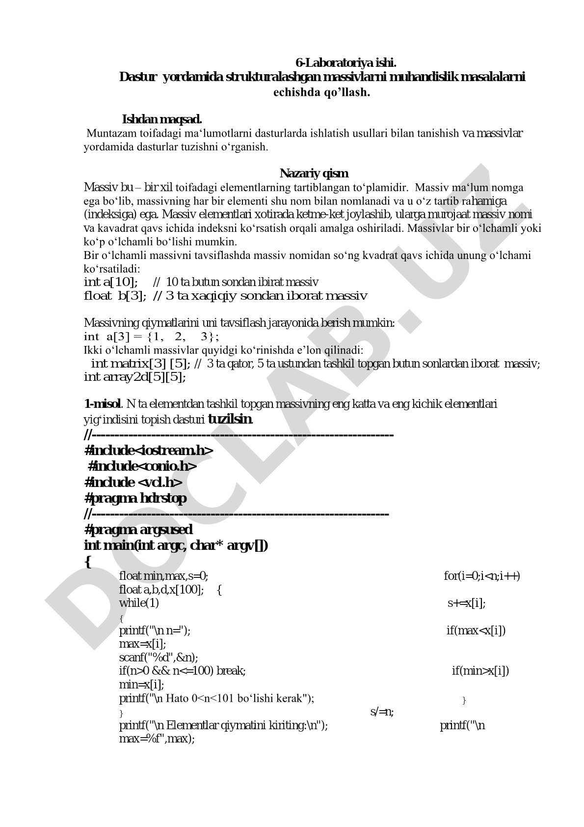 Dastur yordamida strukturalashgan massivlarni muhandislik masalalarni echishda qo'llash