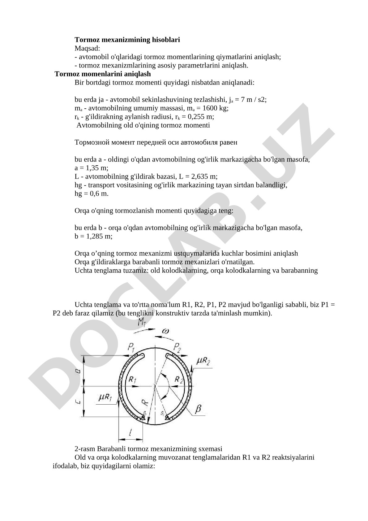Avtomobil tormoz momentlari va mexanizm parametrlarini hisoblash