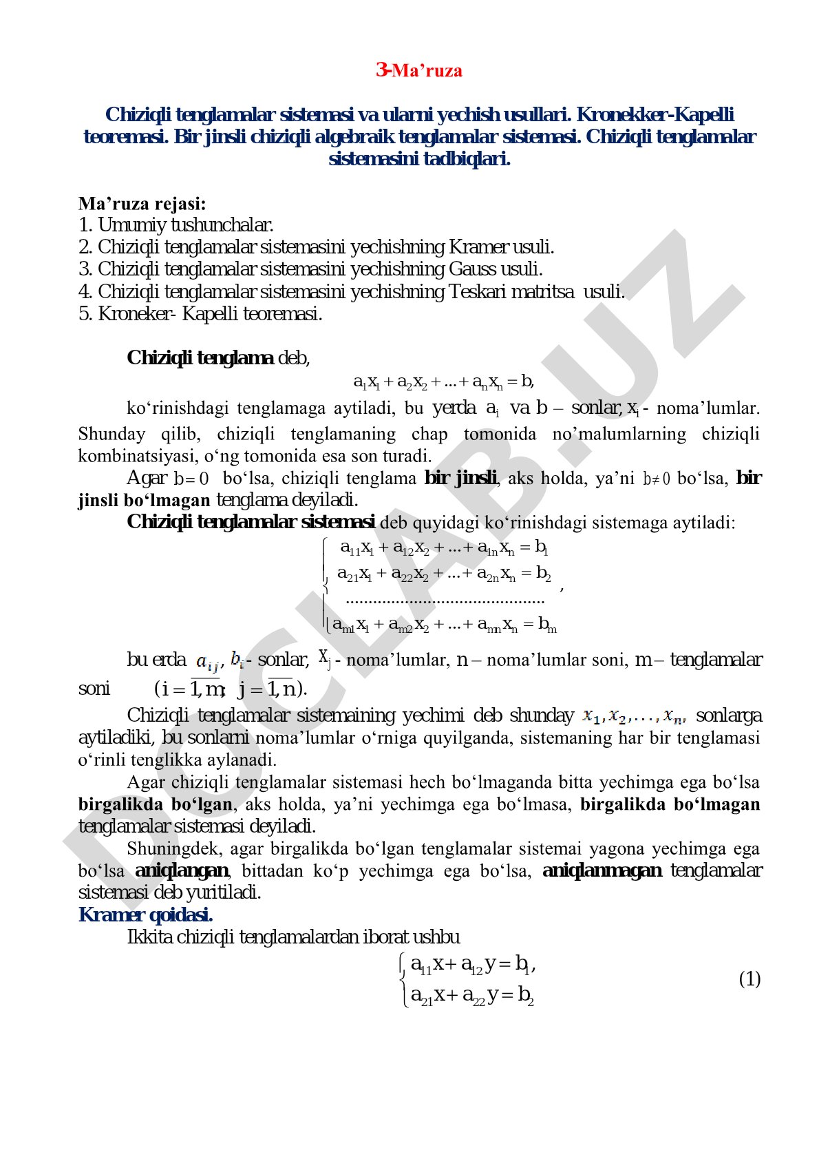 Chiziqli tenglamalar sistemasi va ularni yechish usullari