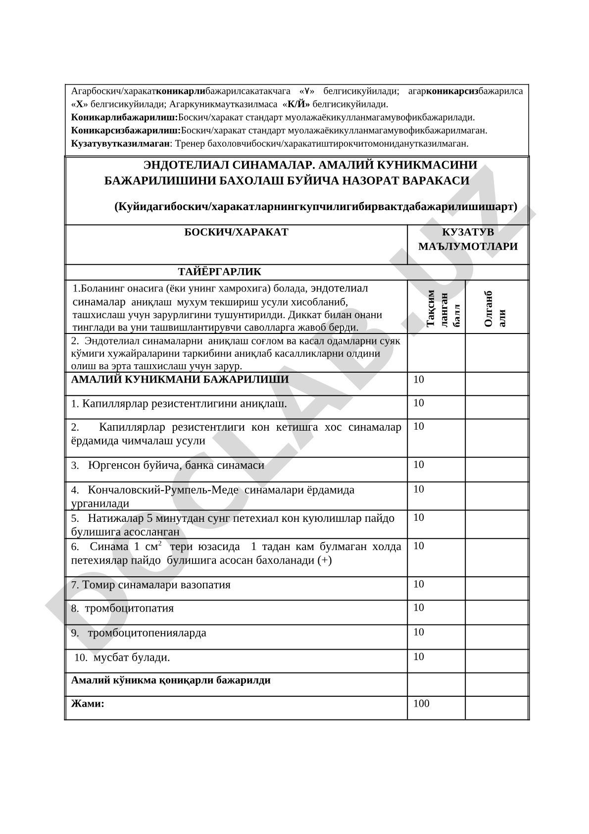 Эндотелиал синамалар амалий куникмасини бажарилишини бахолаш буйича назорат варакаси
