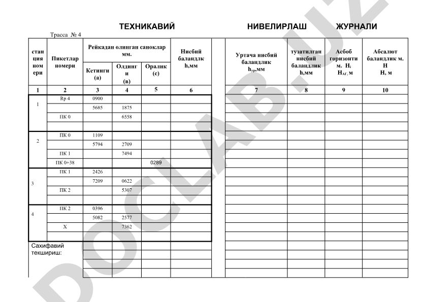 Трасса №4 техникавий нивелирлаш журнали