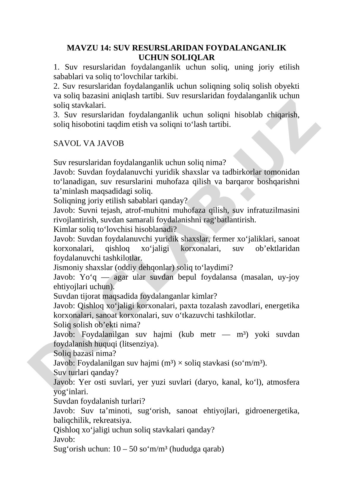 MAVZU 14: SUV RESURSLARIDAN FOYDALANGANLIK UCHUN SOLIQLAR 1