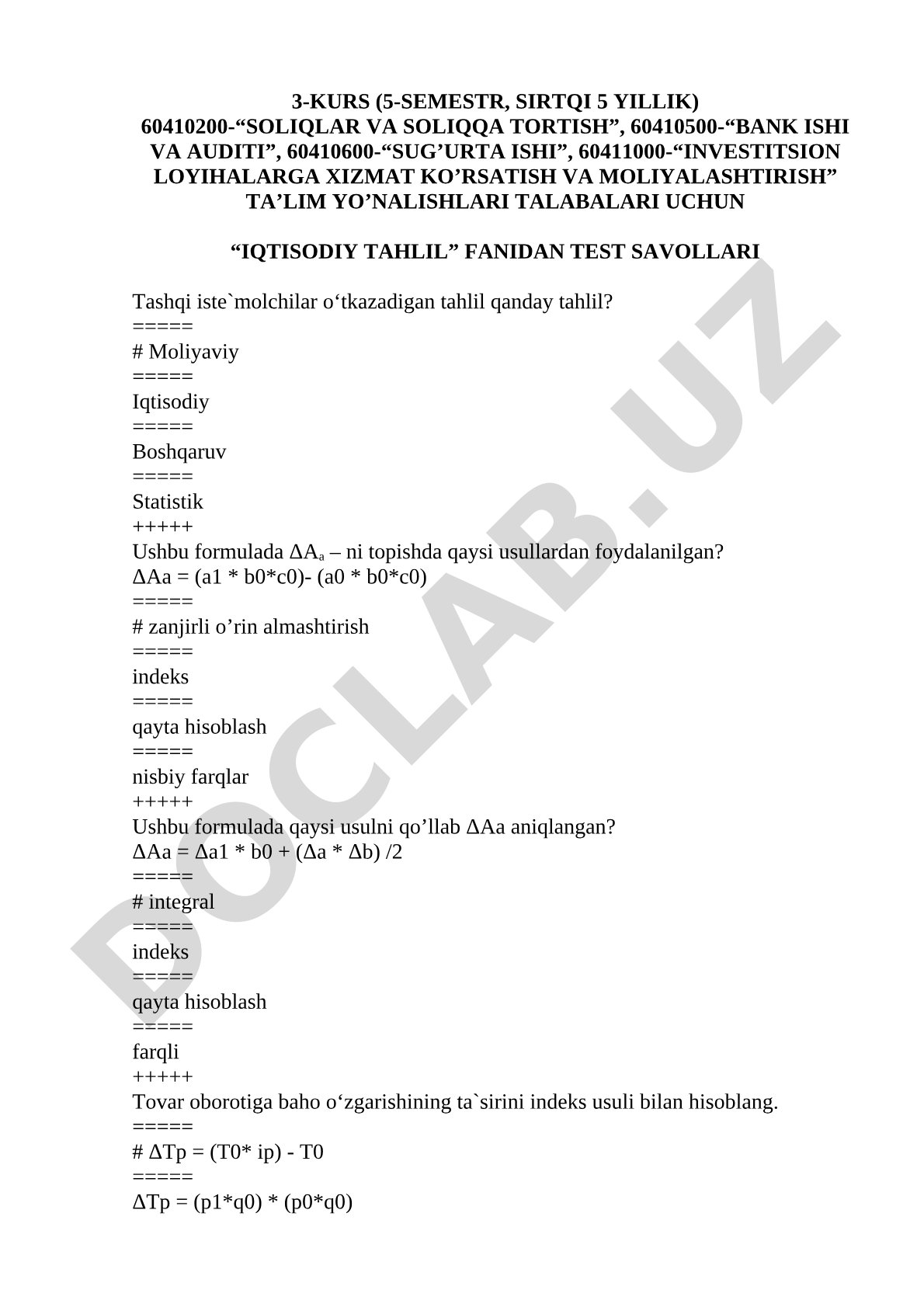 Iqtisodiy tahlil fanidan test savollari