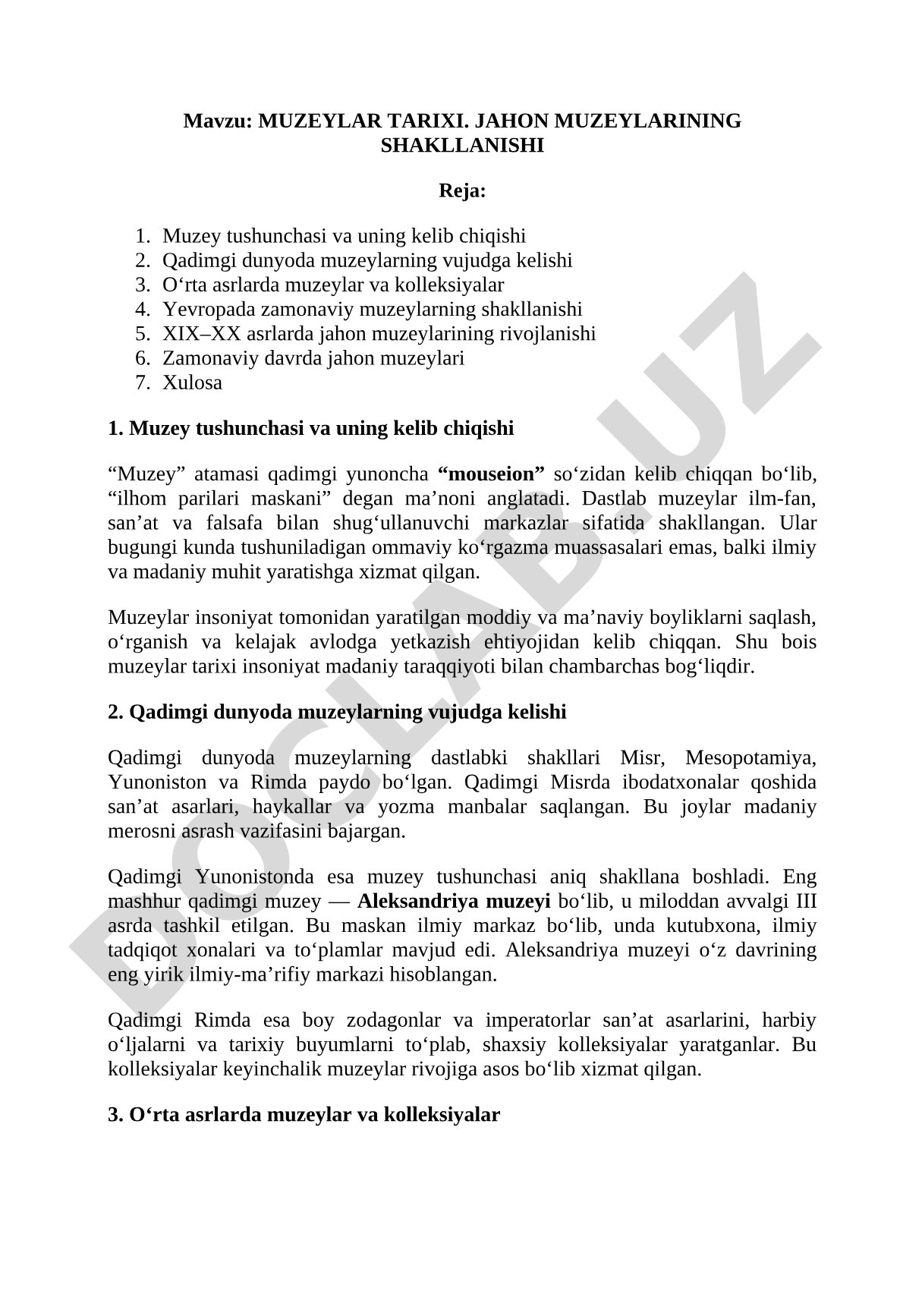 MUZEYLAR TARIXI. JAHON MUZEYLARINING SHAKLLANISHI
