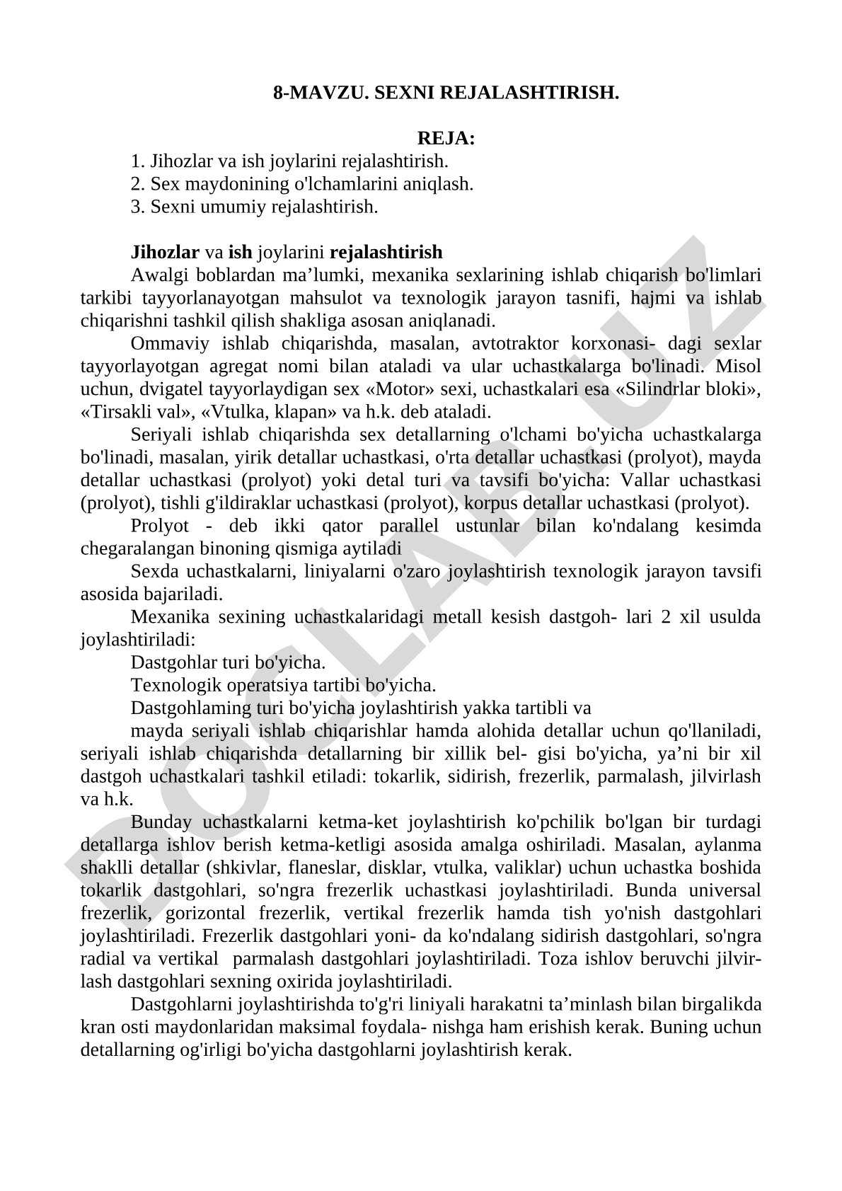 Sexni rejalashtirish: jihozlar, ish joylari, maydon o'lchamlari va umumiy rejalashtirish